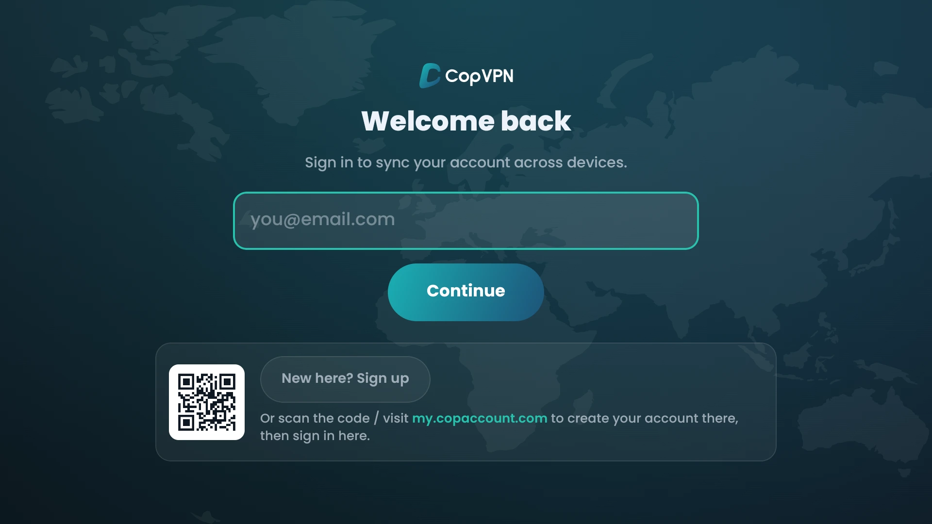 The CopVPN Android TV app sign-in screen