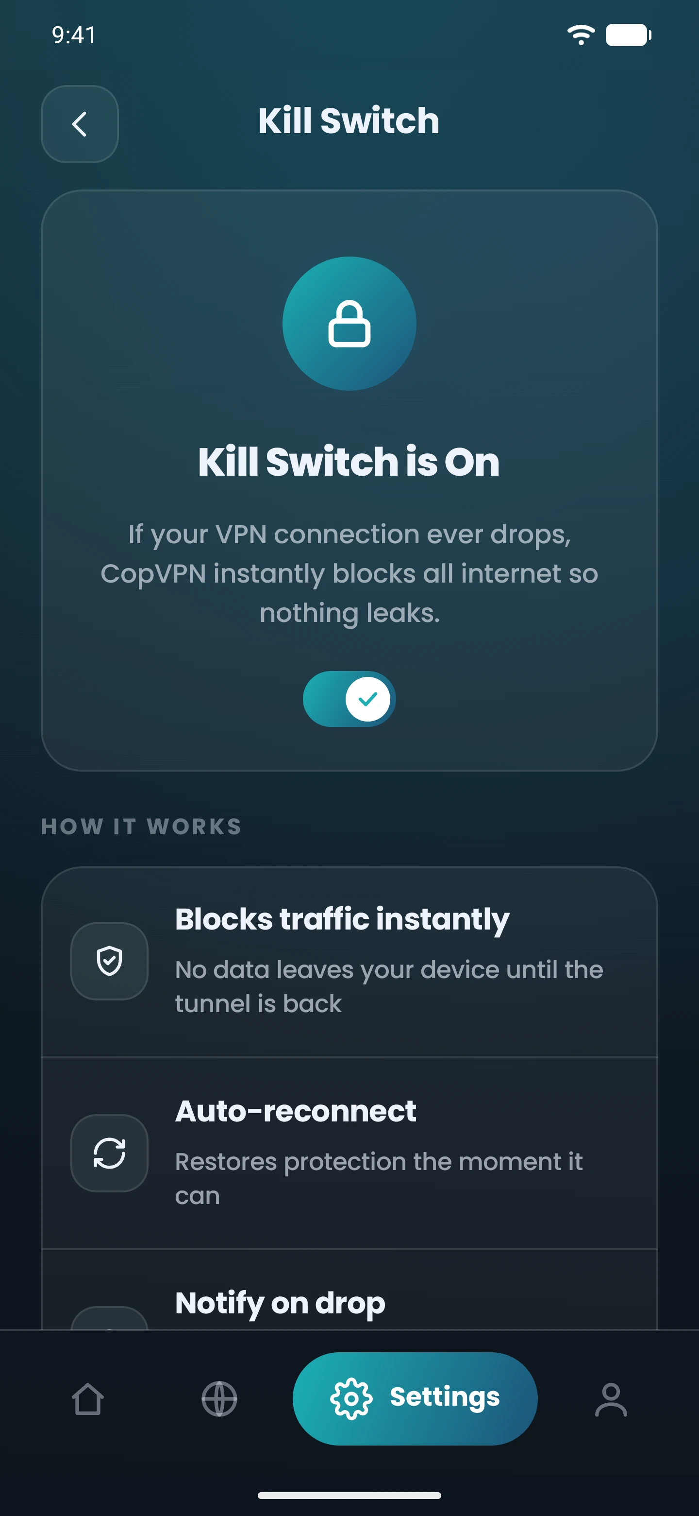 The Kill Switch screen in the CopVPN Android app, switched on