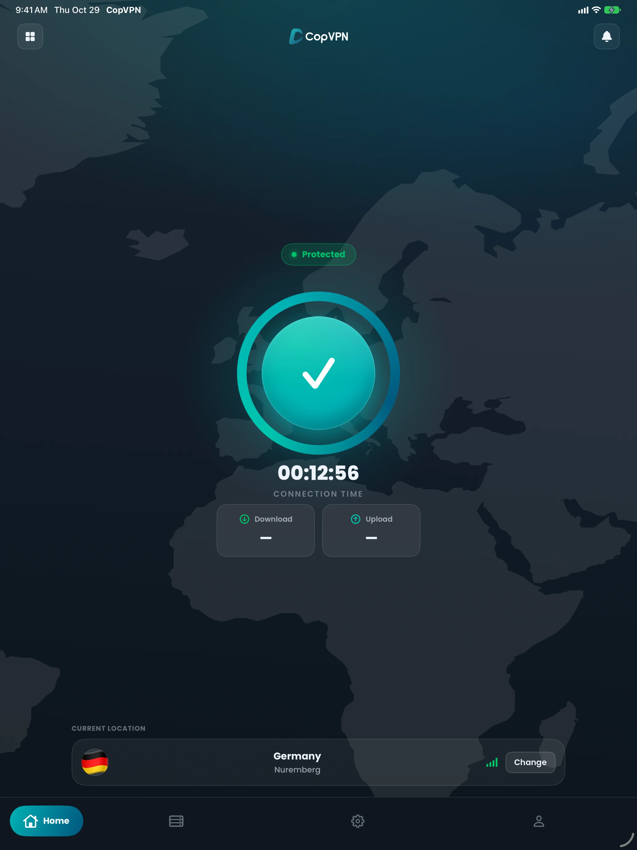 The CopVPN iPad app connected: the status reads Protected
