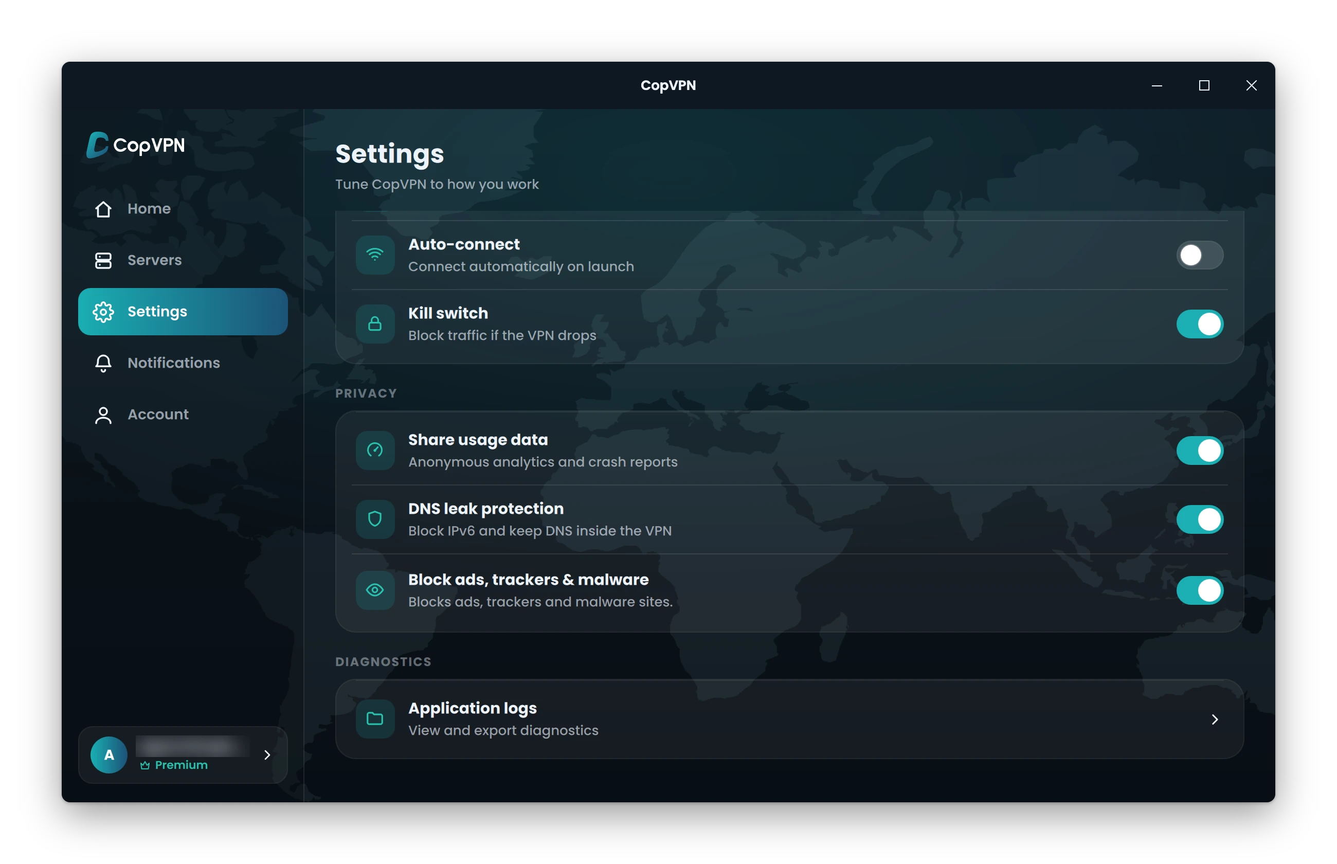 The advanced Settings screen in the CopVPN Windows app, with the Block ads, trackers & malware row ringed