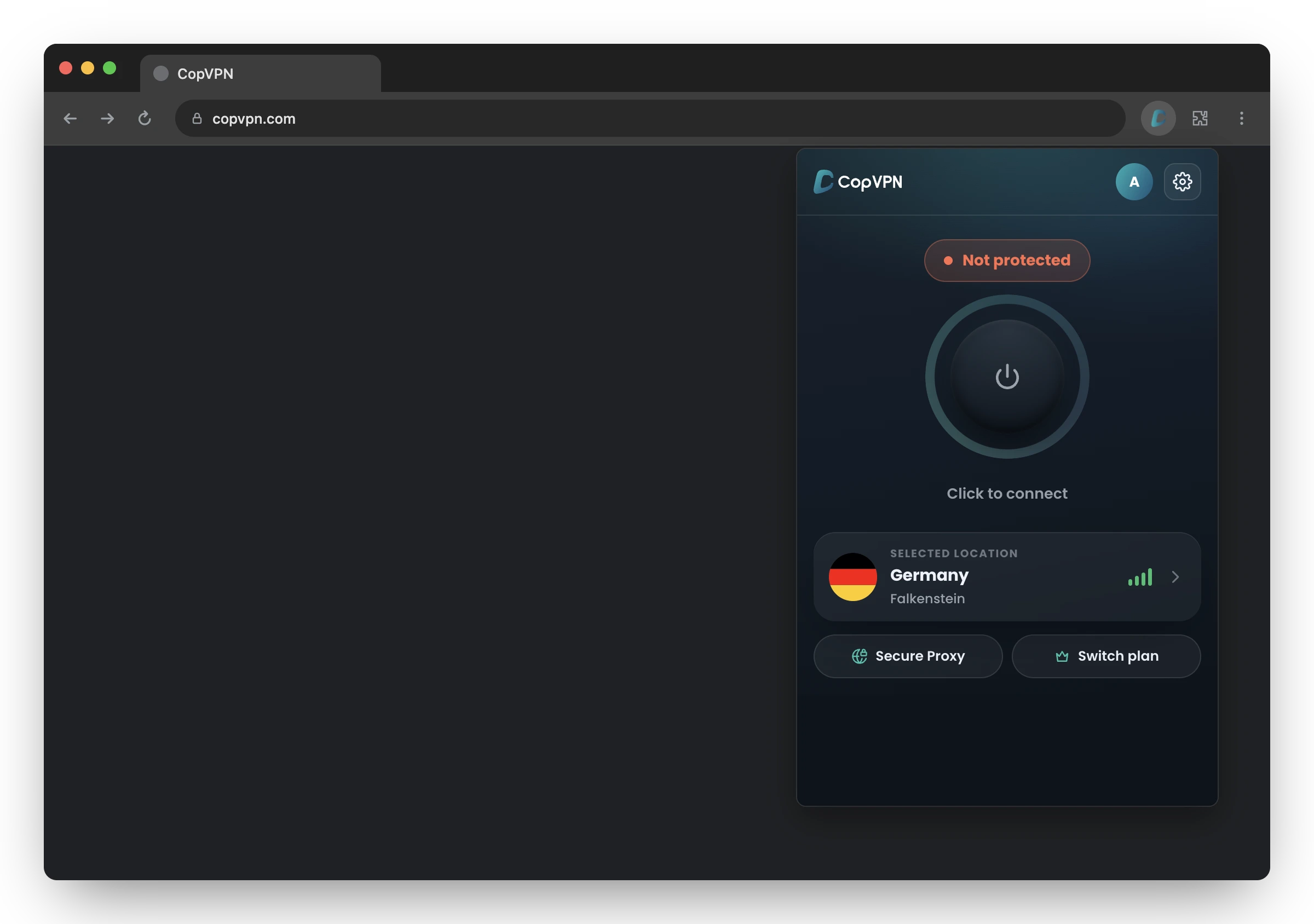 The CopVPN extension popup in Chrome, opened from its toolbar button: Not protected, Click to connect, location Germany, Falkenstein