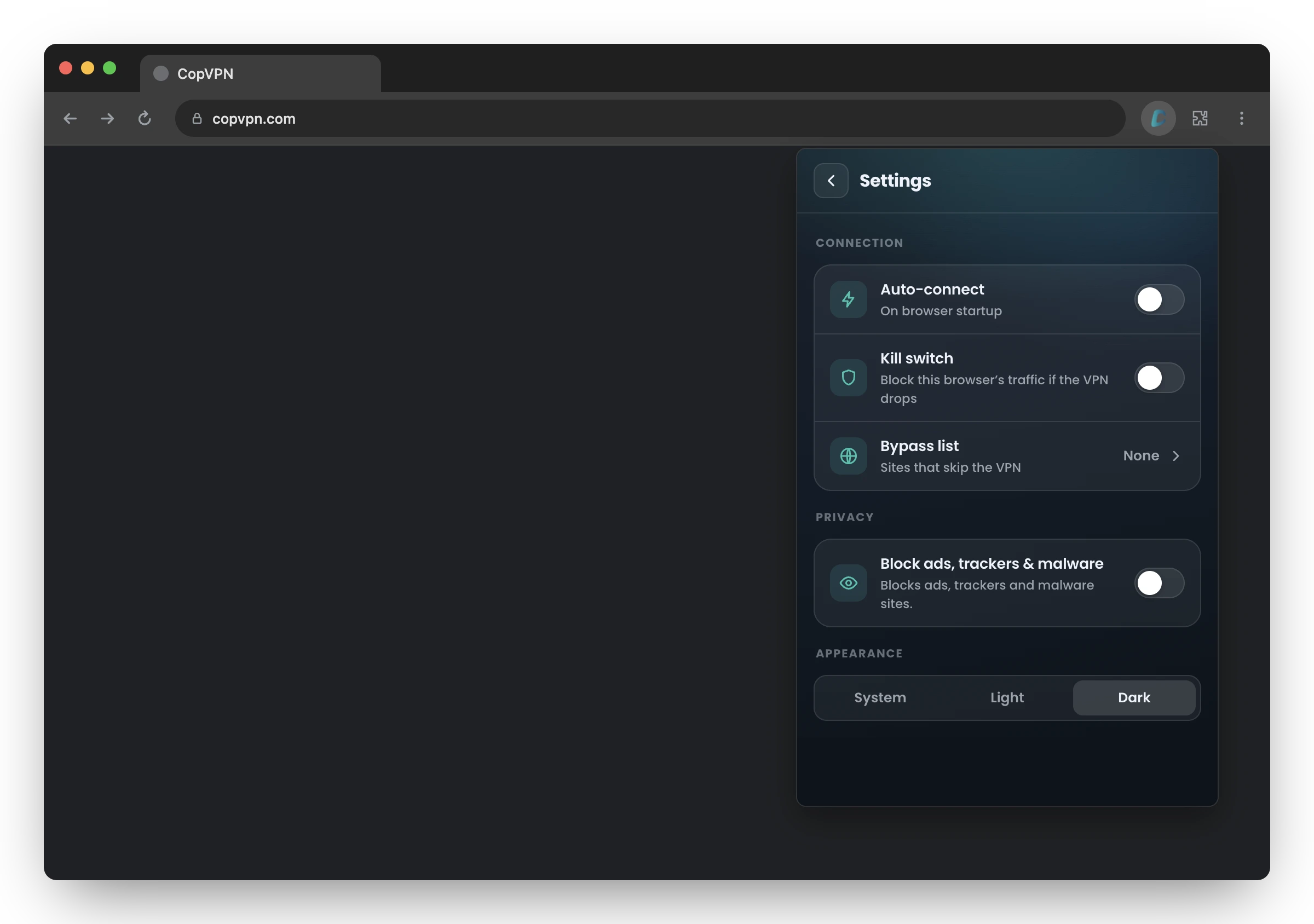 The Settings screen of the CopVPN browser extension in Chrome, with the Bypass list row