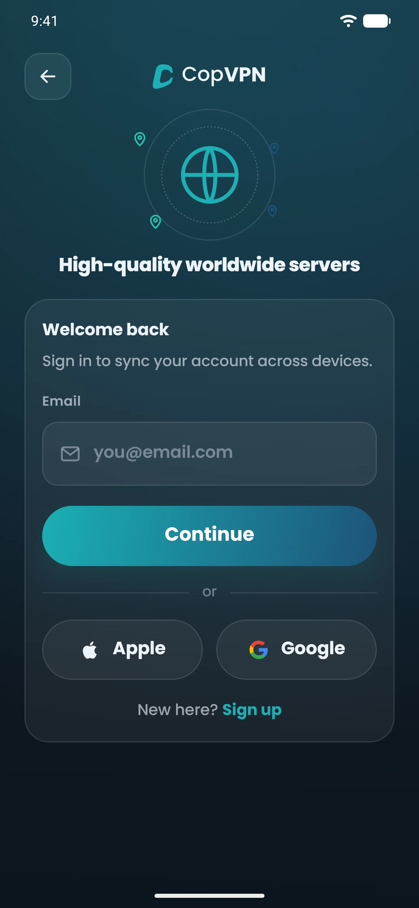 The sign-in screen in the CopVPN Android app: an email field, Continue, Apple and Google