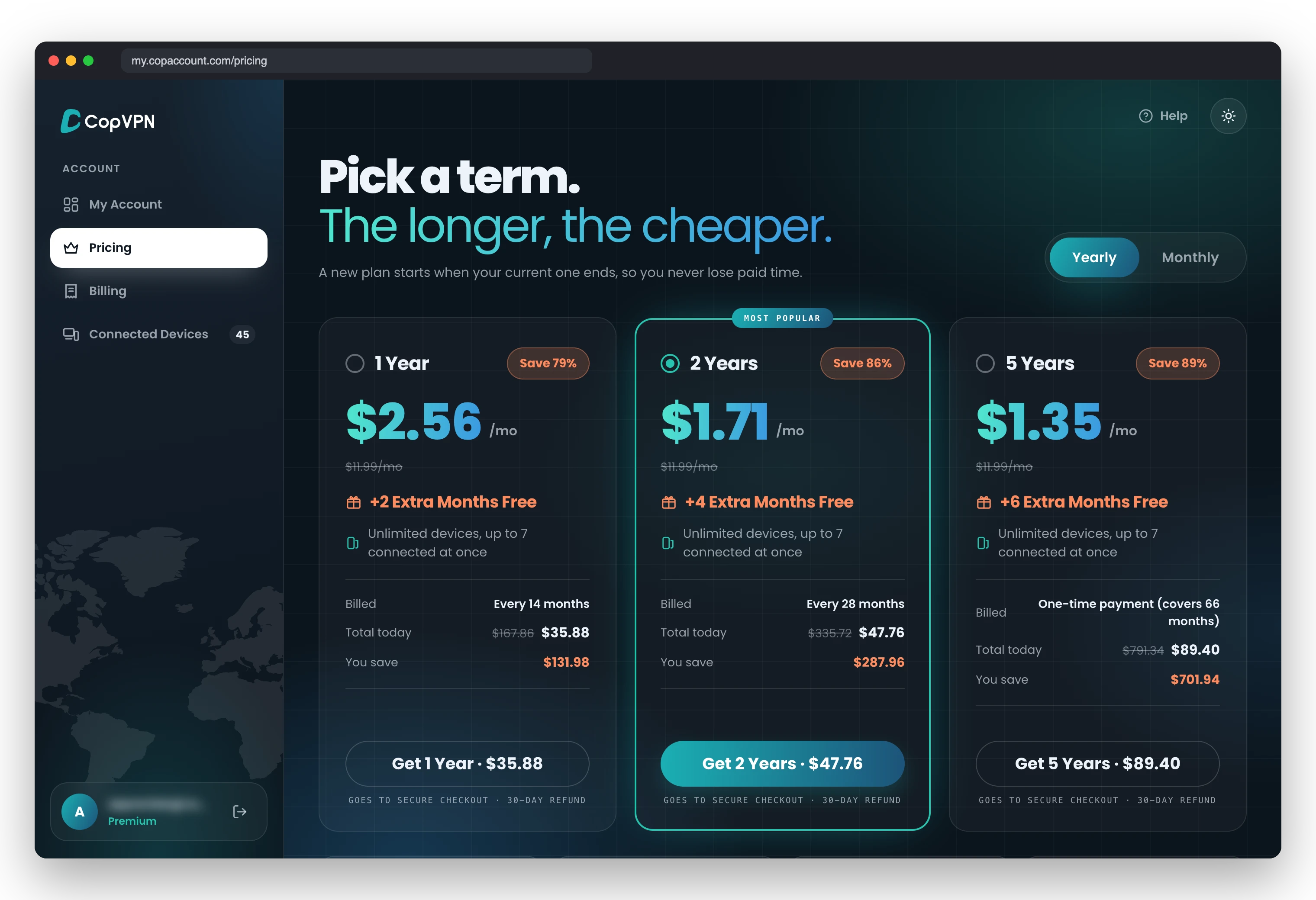 The Pricing page in the CopVPN account at my.copaccount.com, with the 1 Year, 2 Years and 5 Years plans and their prices