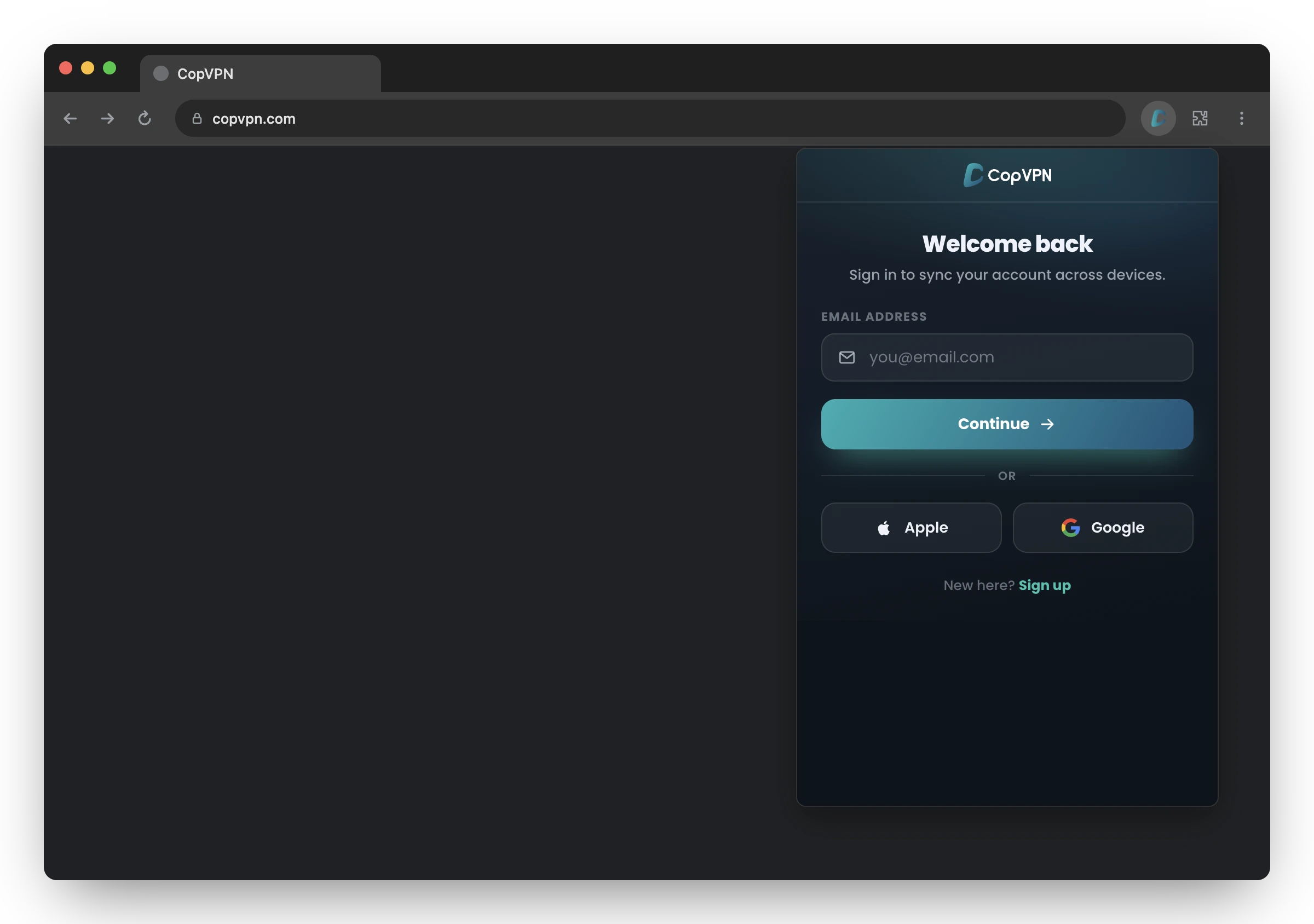The CopVPN browser extension sign-in screen in Chrome