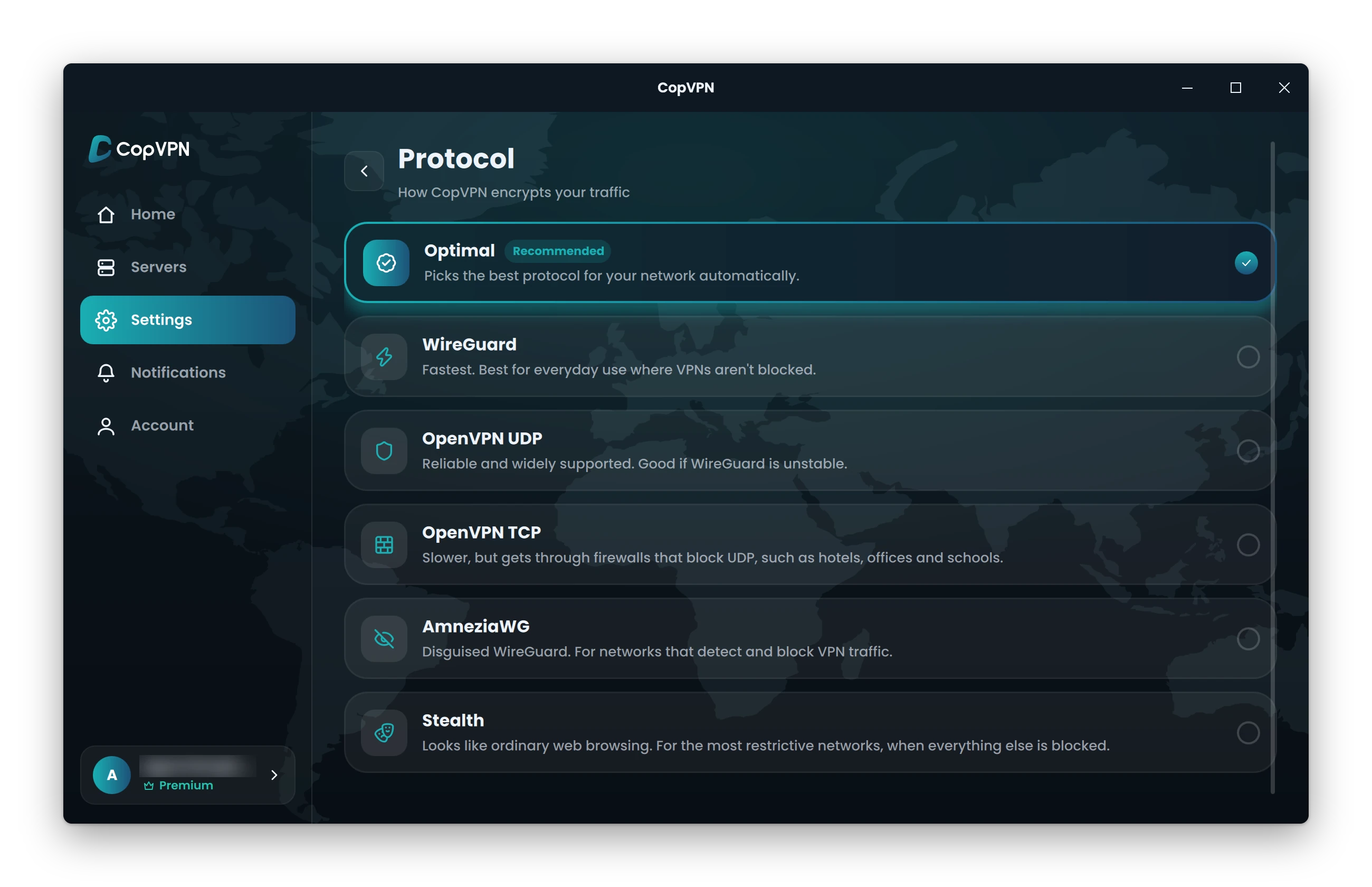 The Protocol page of the CopVPN app for Windows: Optimal and the 5 protocols