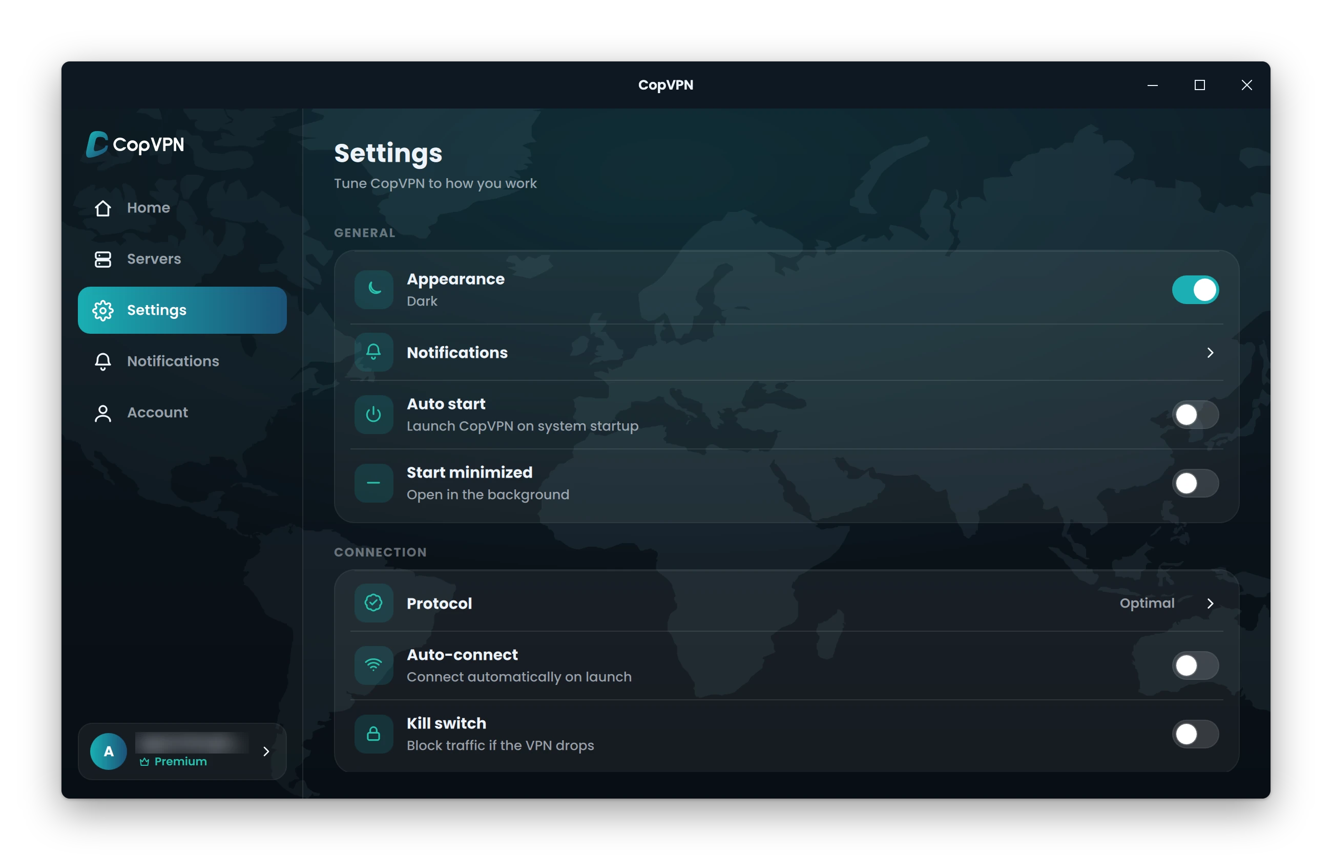 The Settings screen in the CopVPN Windows app, with the Auto-connect row