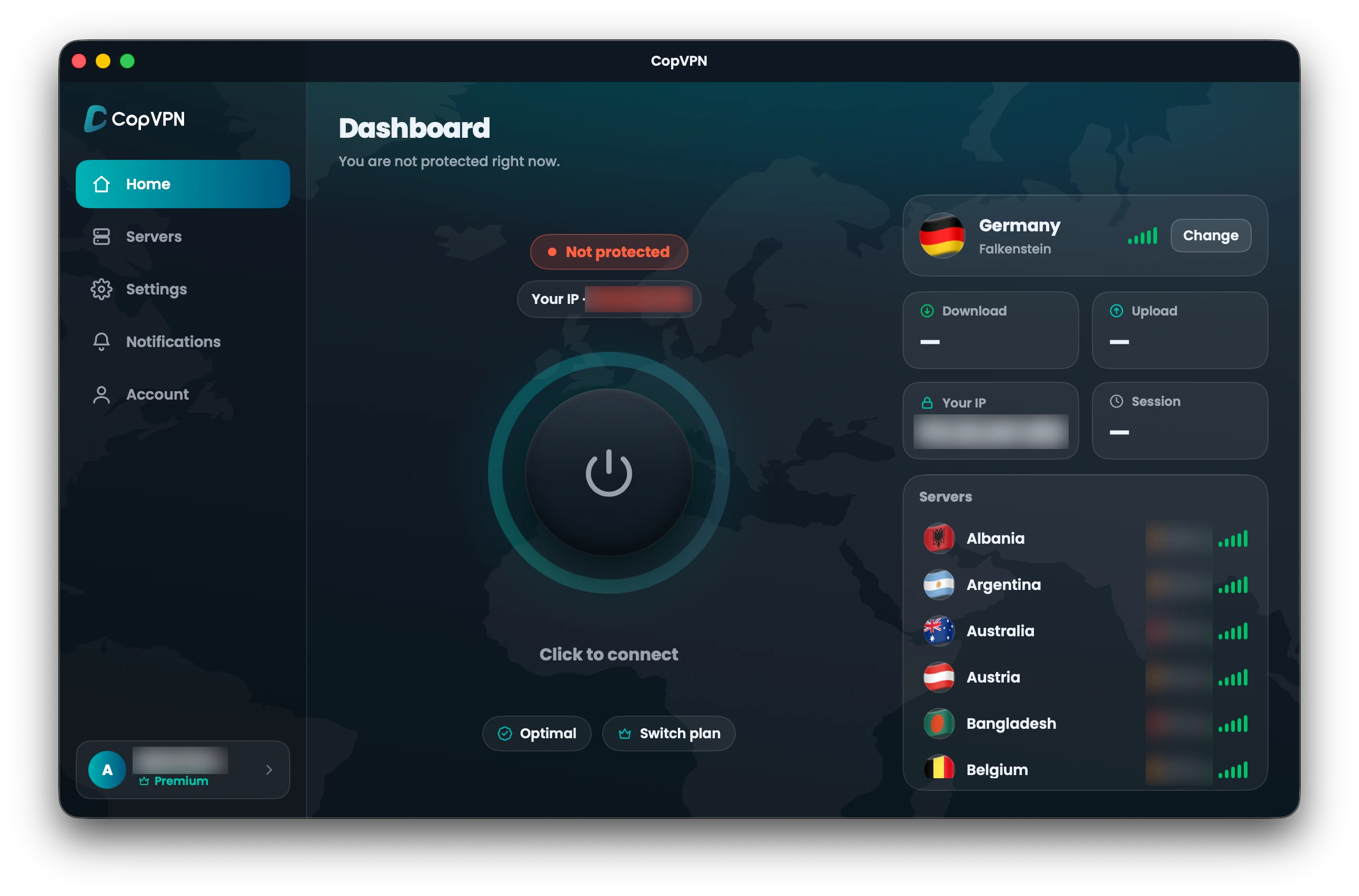 The CopVPN Mac app Dashboard before connecting: the power button, Click to connect, and Optimal as the protocol