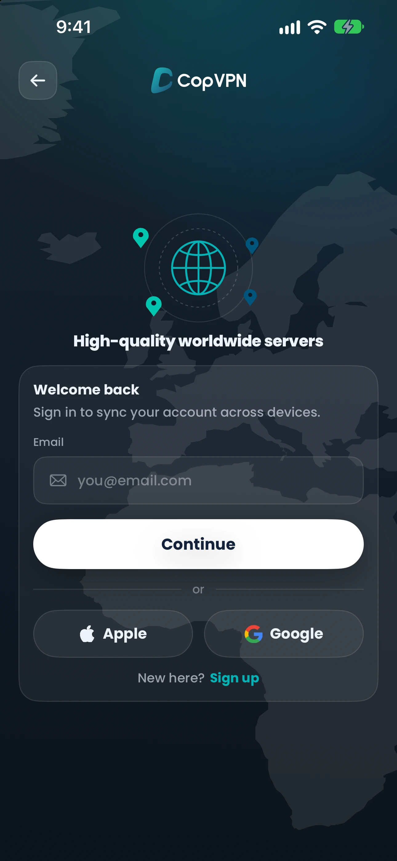 The sign-in screen in the CopVPN iPhone app: email, Continue, Apple and Google