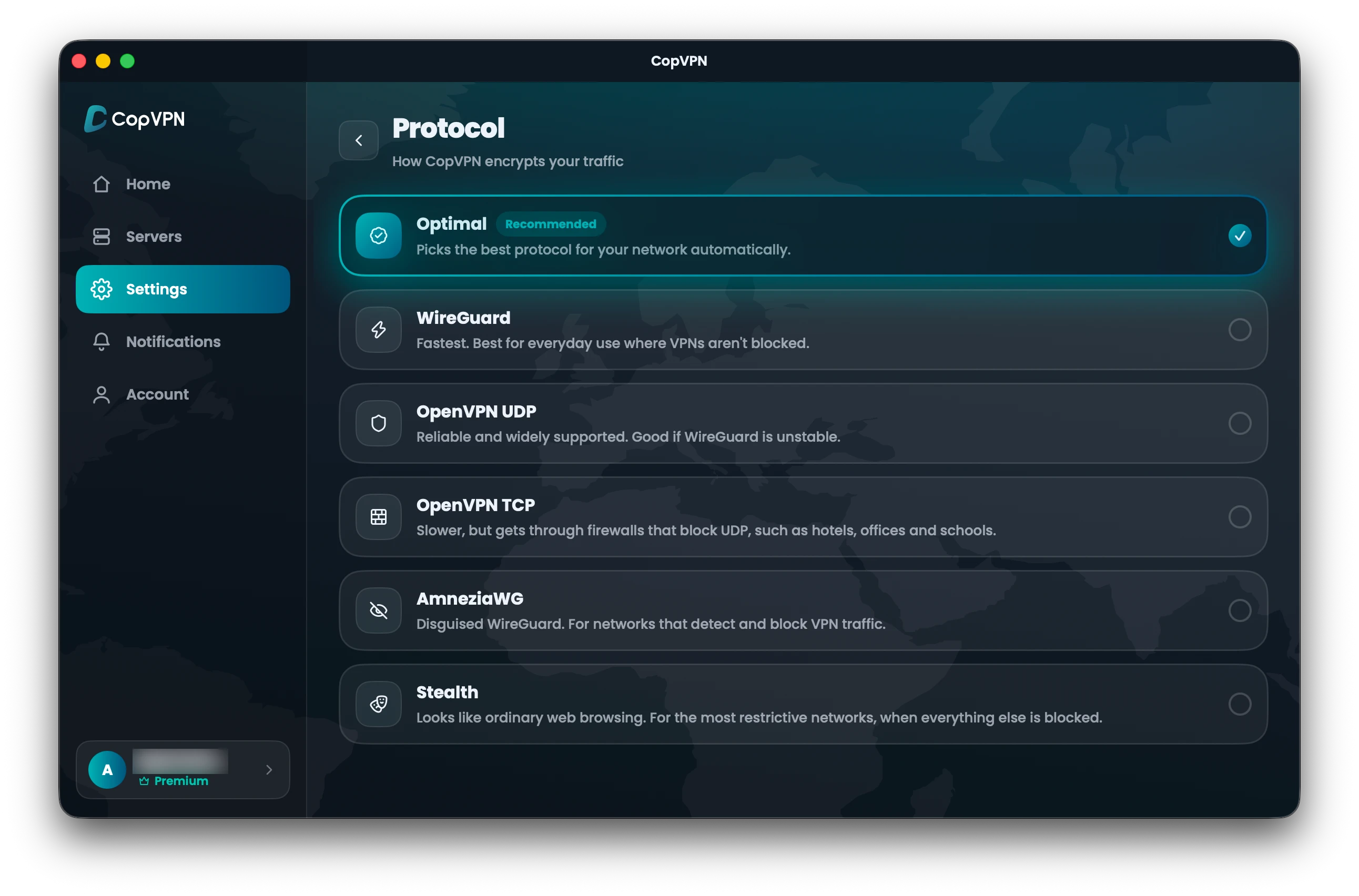 The Protocol screen in the CopVPN Mac app: Optimal, WireGuard, OpenVPN UDP, OpenVPN TCP, AmneziaWG and Stealth
