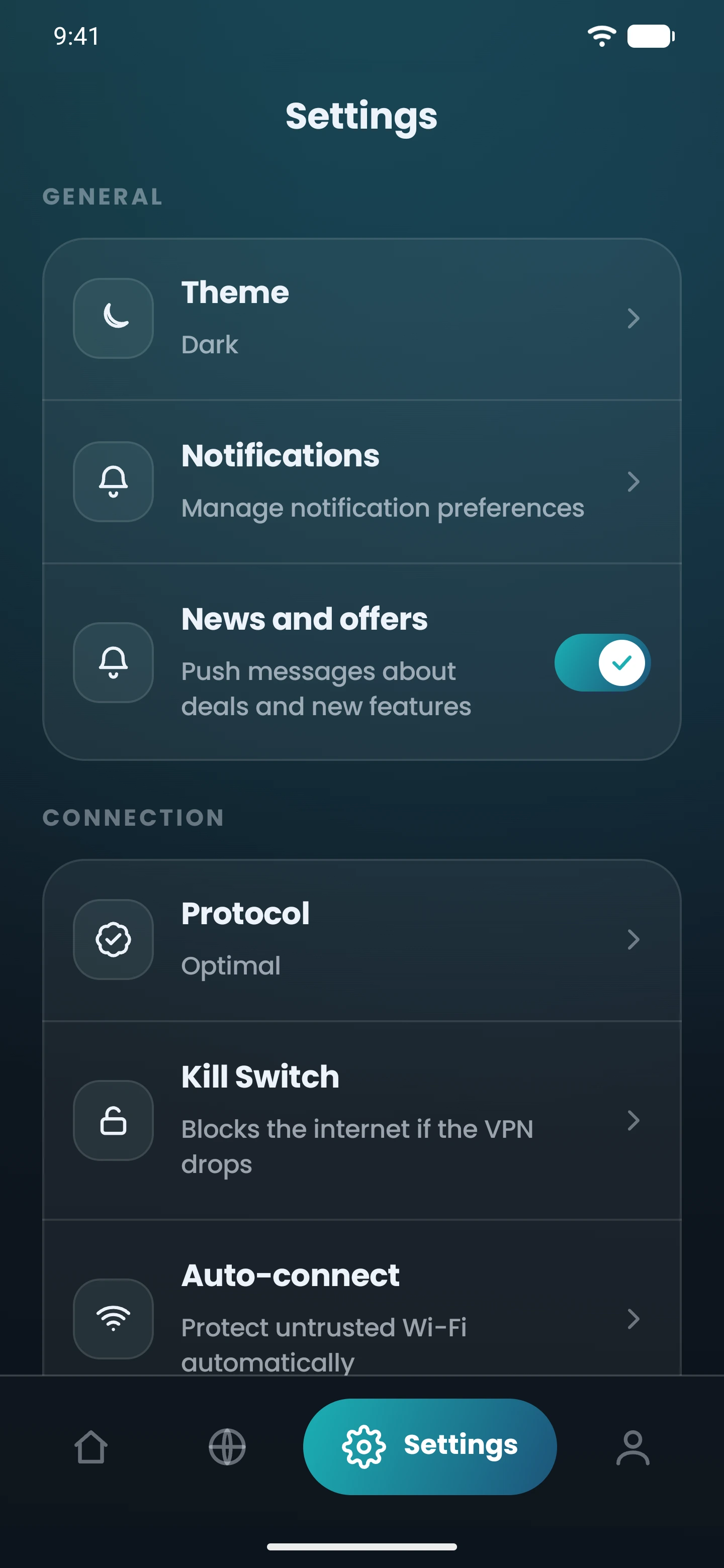 The Settings screen in the CopVPN Android app: protocol, kill switch and auto-connect