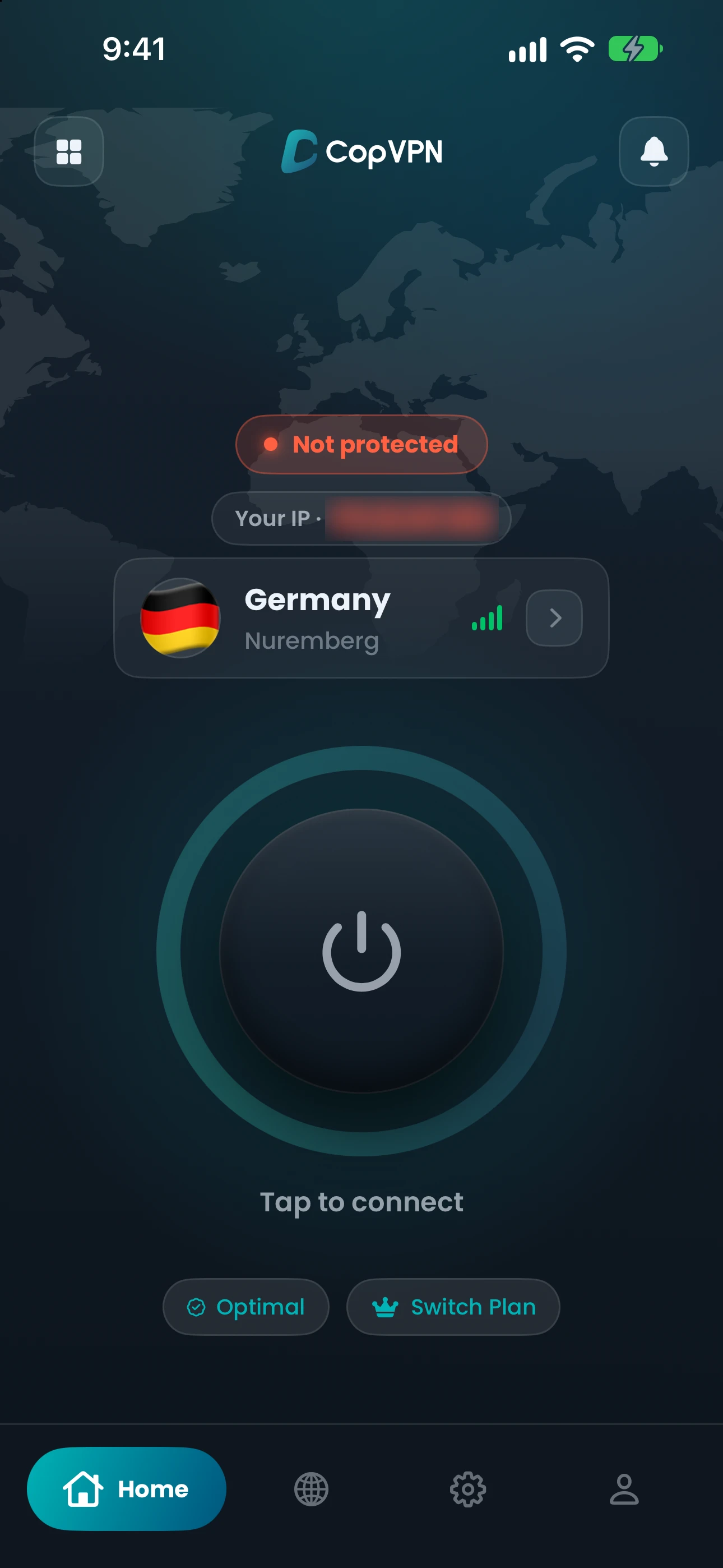 The CopVPN iPhone Home screen, with the chosen location, Germany, Nuremberg
