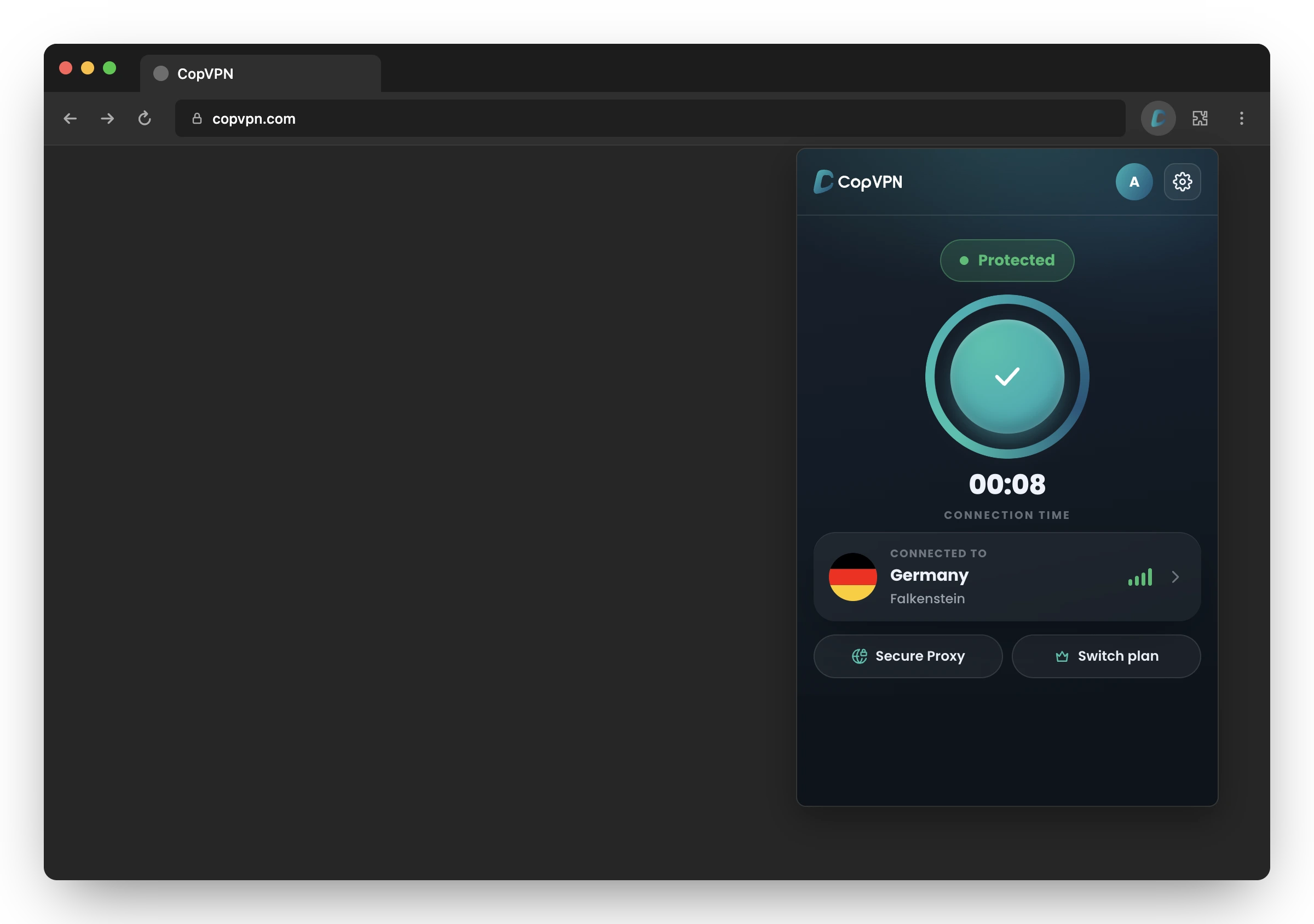 The CopVPN extension in Microsoft Edge showing Protected, connected to Germany · Falkenstein