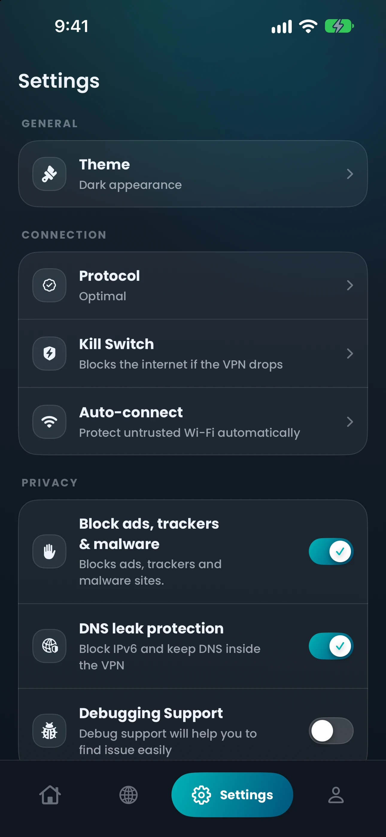 CopVPN iPhone Settings, with the Kill Switch row: Blocks the internet if the VPN drops