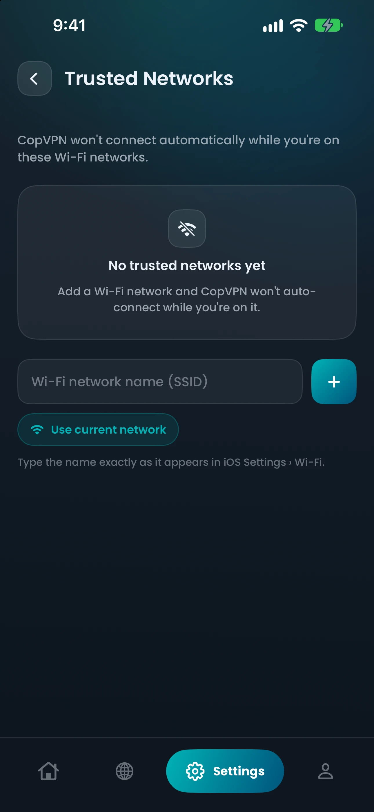 The CopVPN iPhone Trusted Networks screen: a field for a Wi-Fi network name, and Use current network