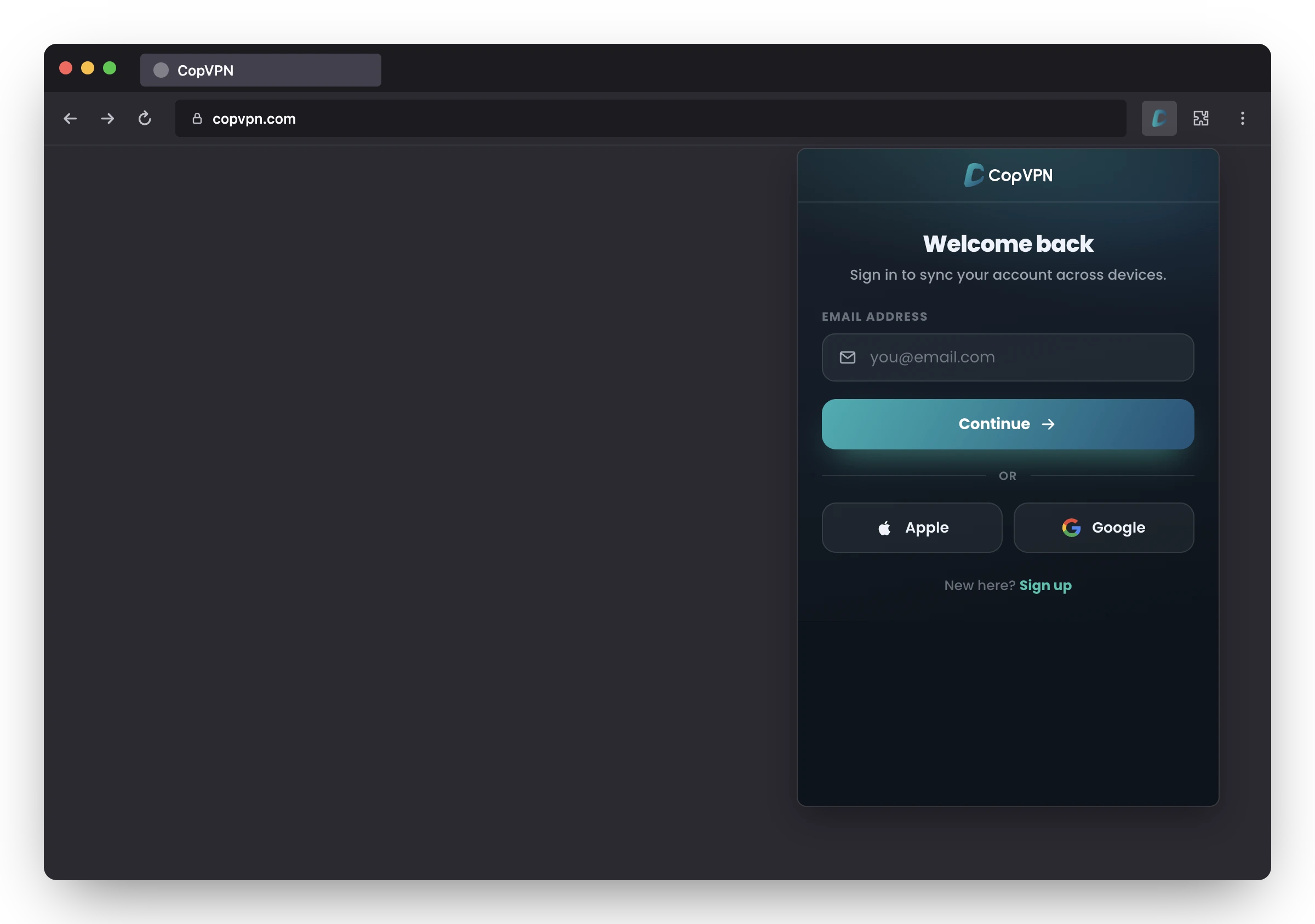 The CopVPN add-on sign-in screen in Firefox: email address, Continue, Apple and Google
