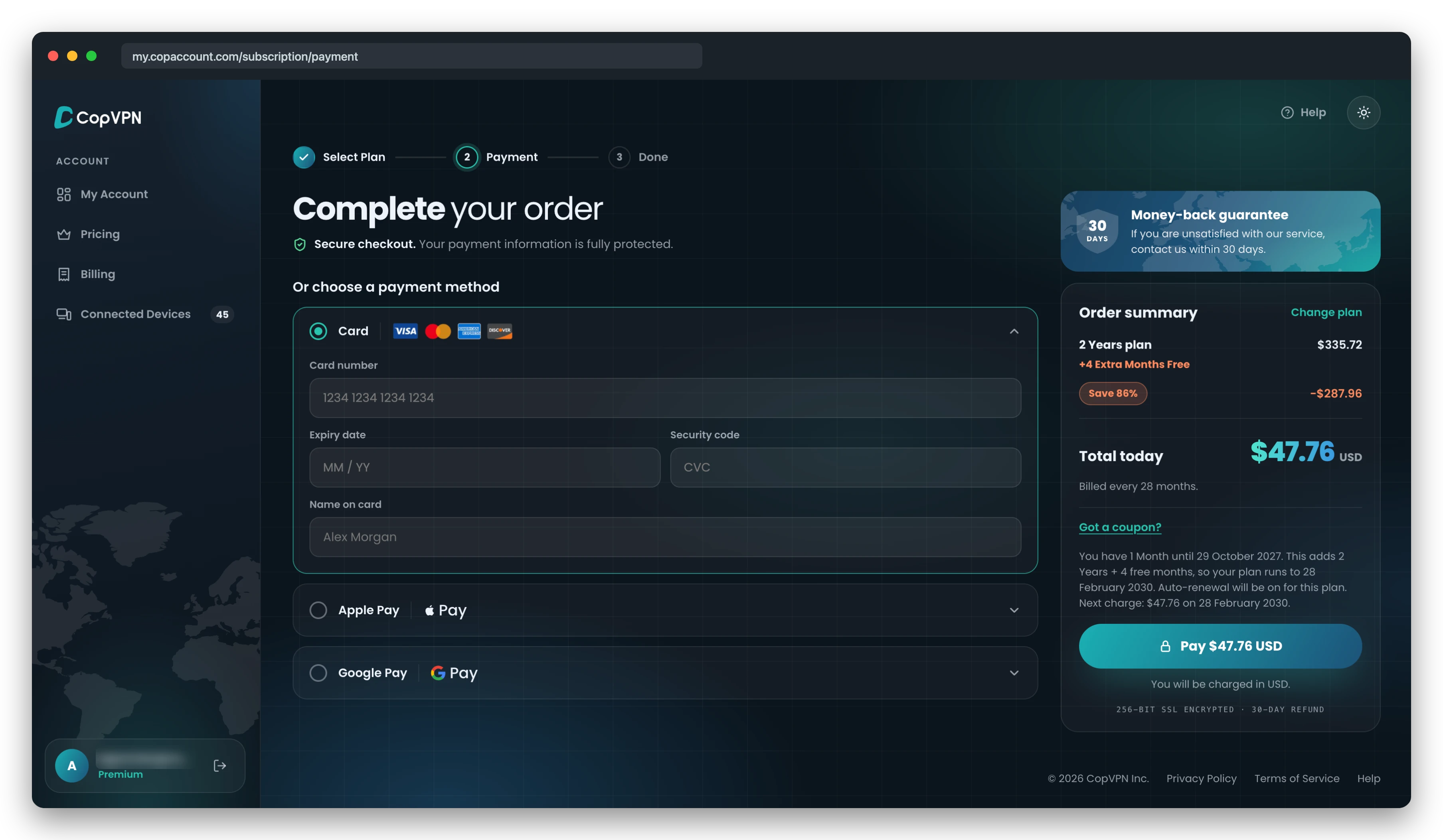 Secure checkout at my.copaccount.com: card, Apple Pay or Google Pay, the order summary for 2 Years and the Pay $47.76 USD button