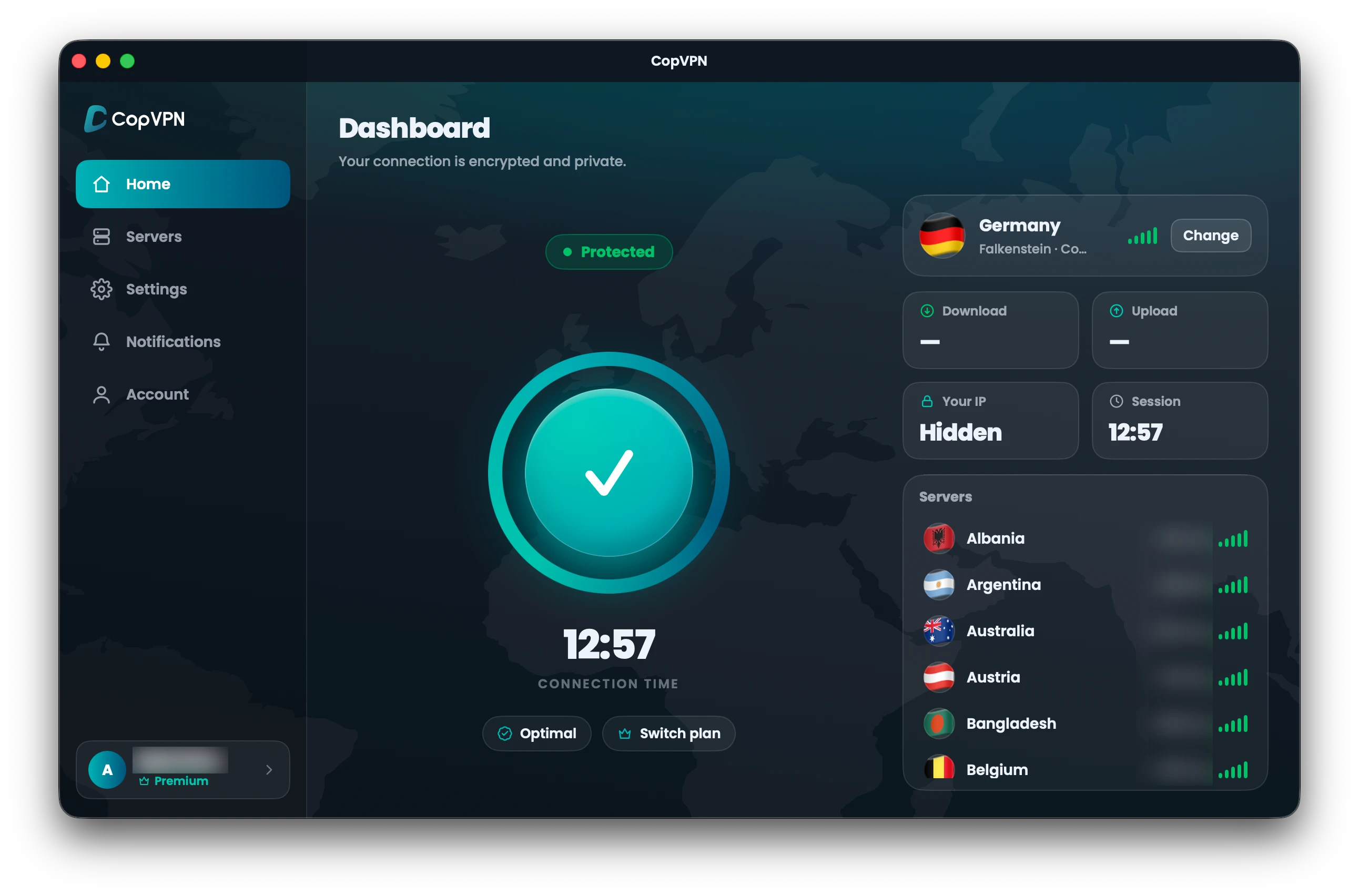 The CopVPN Mac app Dashboard, connected and Protected, with Optimal chosen as the protocol