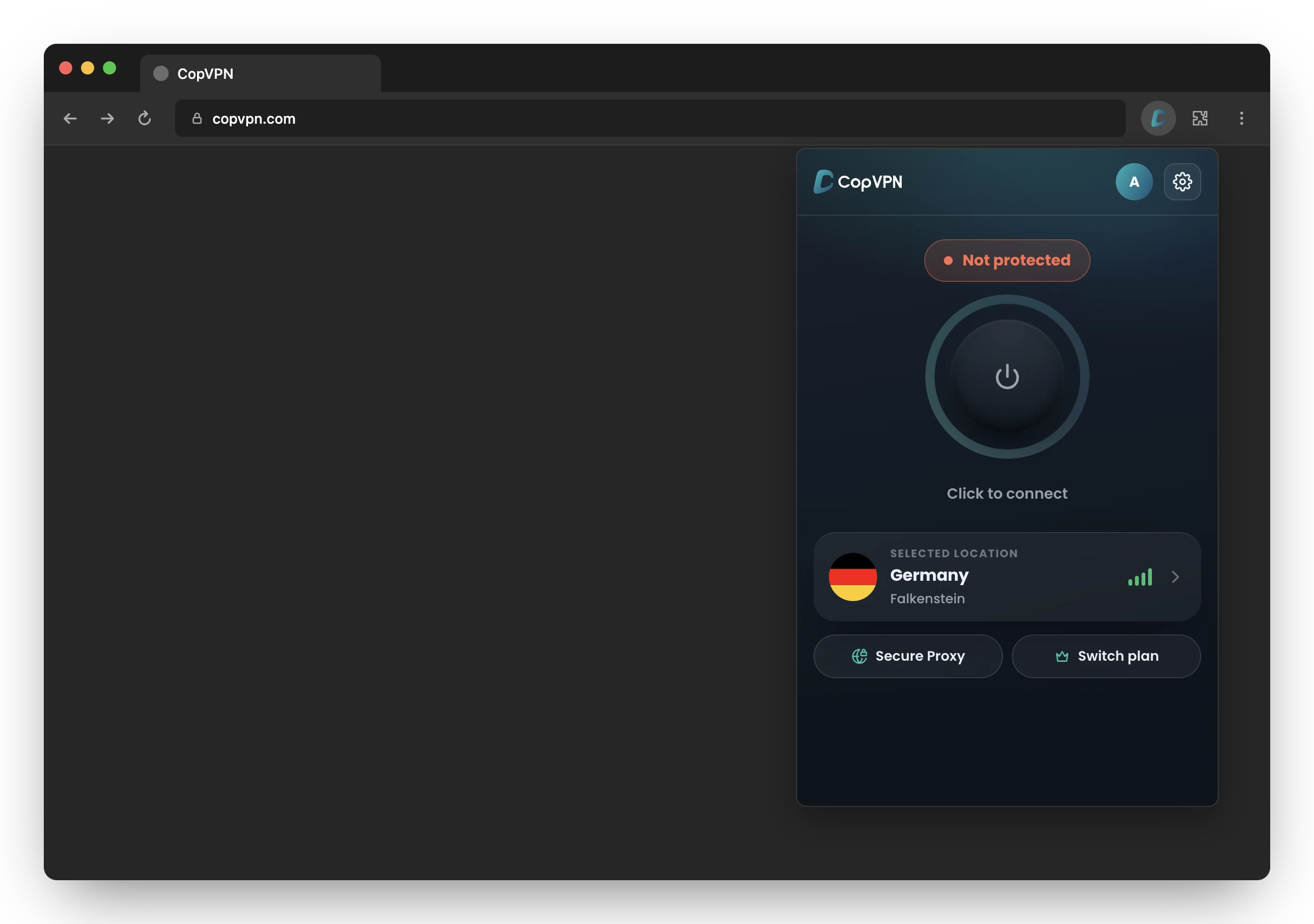 The right end of the Microsoft Edge toolbar with the CopVPN button pinned