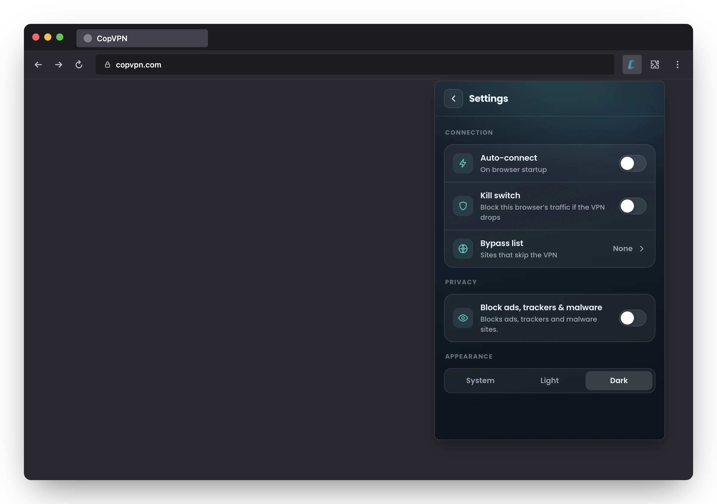 The Settings screen of the CopVPN add-on in Firefox: Auto-connect, Kill switch, Bypass list and Block ads, trackers & malware