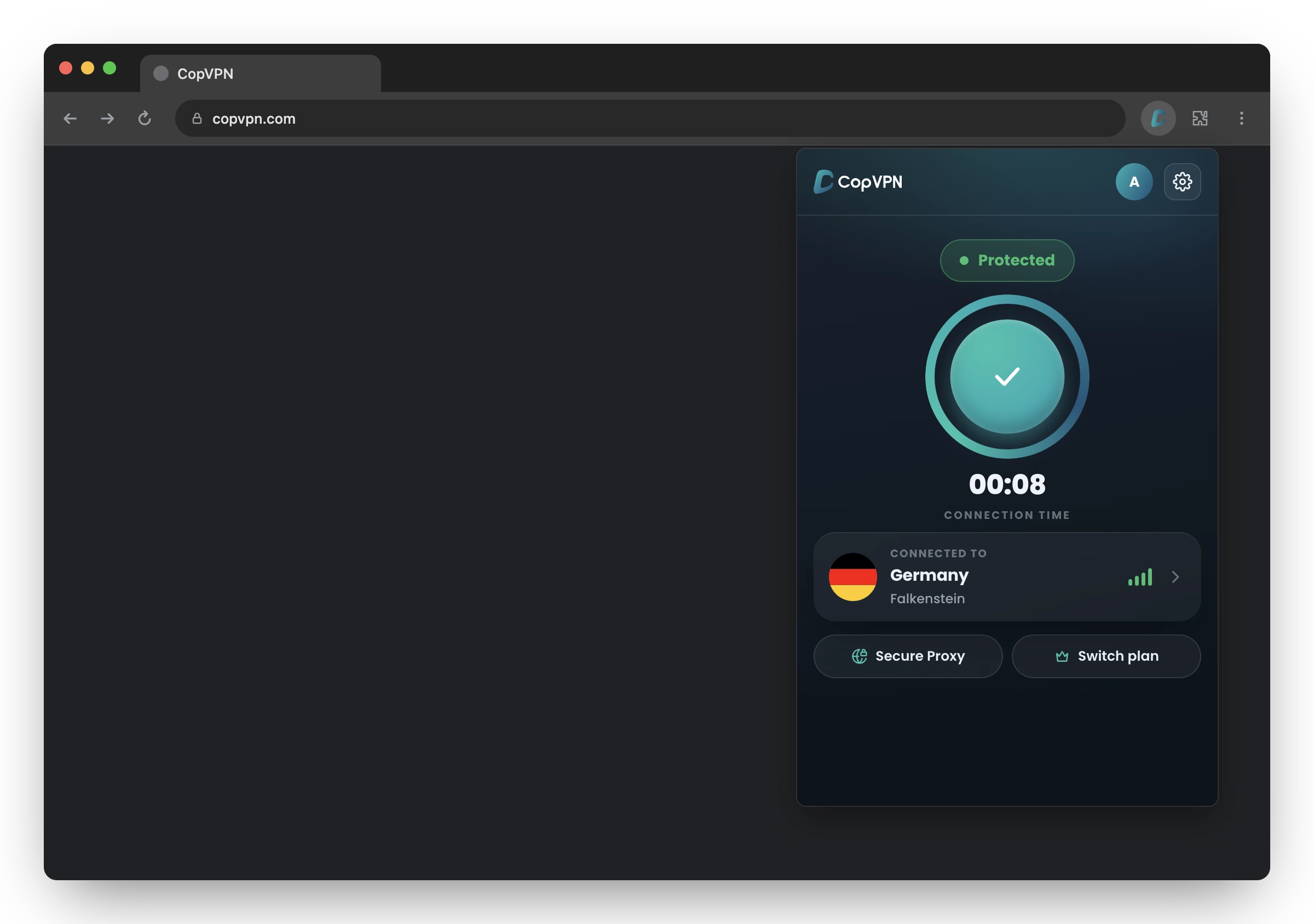 The CopVPN extension in Chrome, connected, with Secure Proxy ringed
