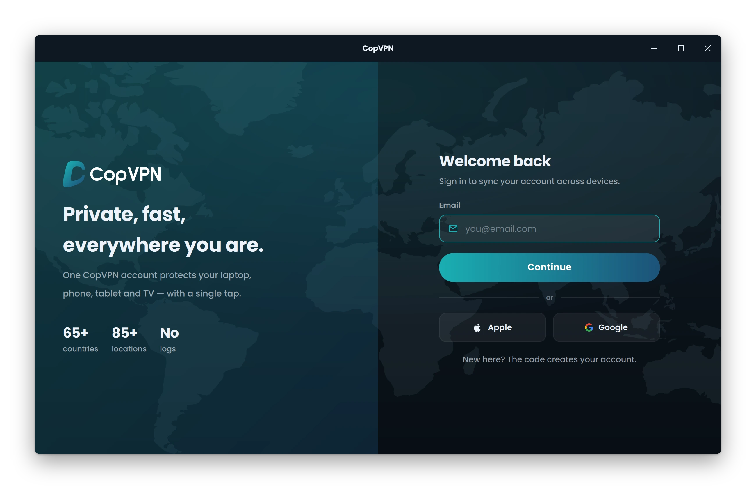 The CopVPN sign-in window on Windows, with the email field and the Apple and Google buttons ringed