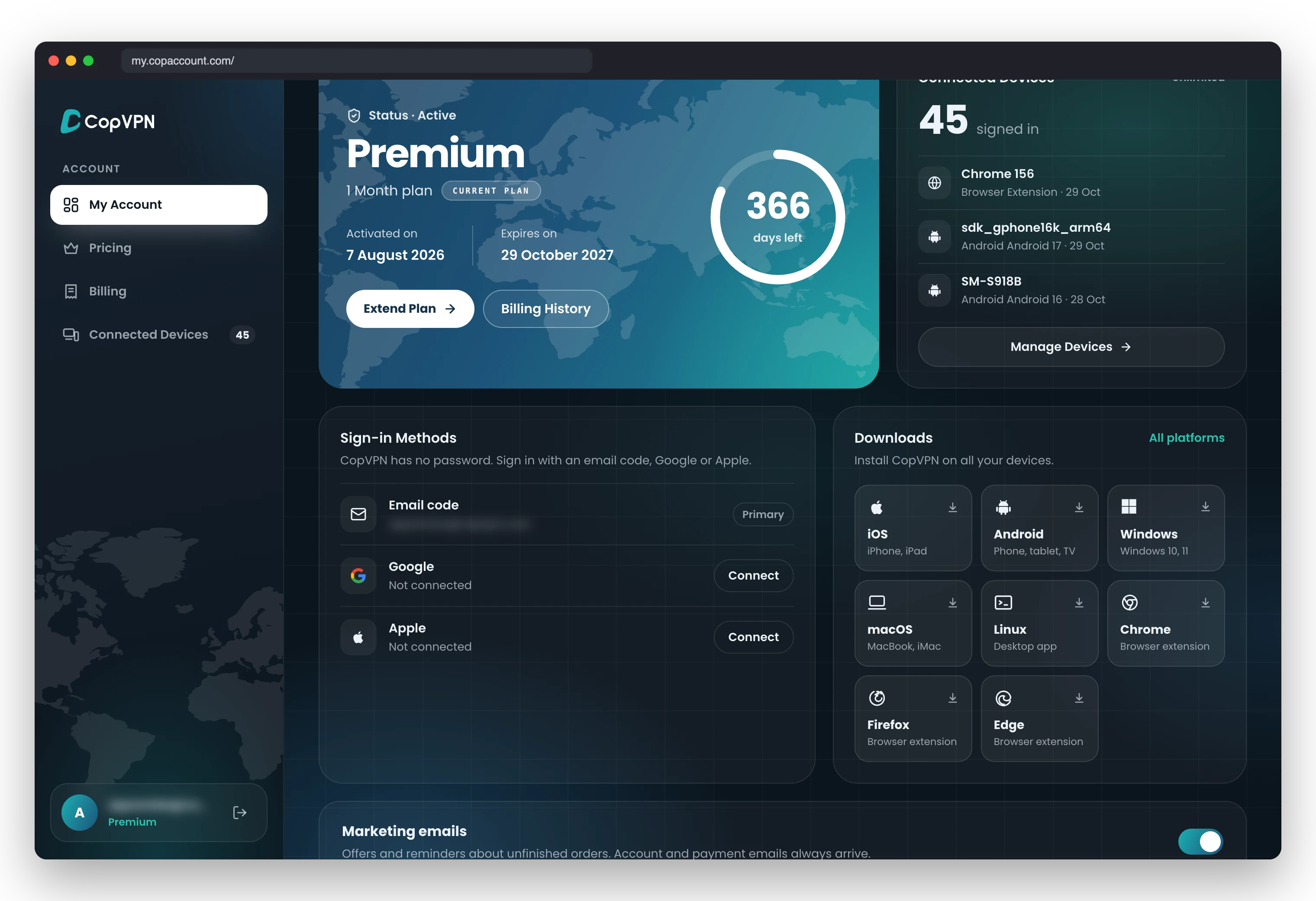 The My Account page at my.copaccount.com, with the Downloads card for every CopVPN app ringed