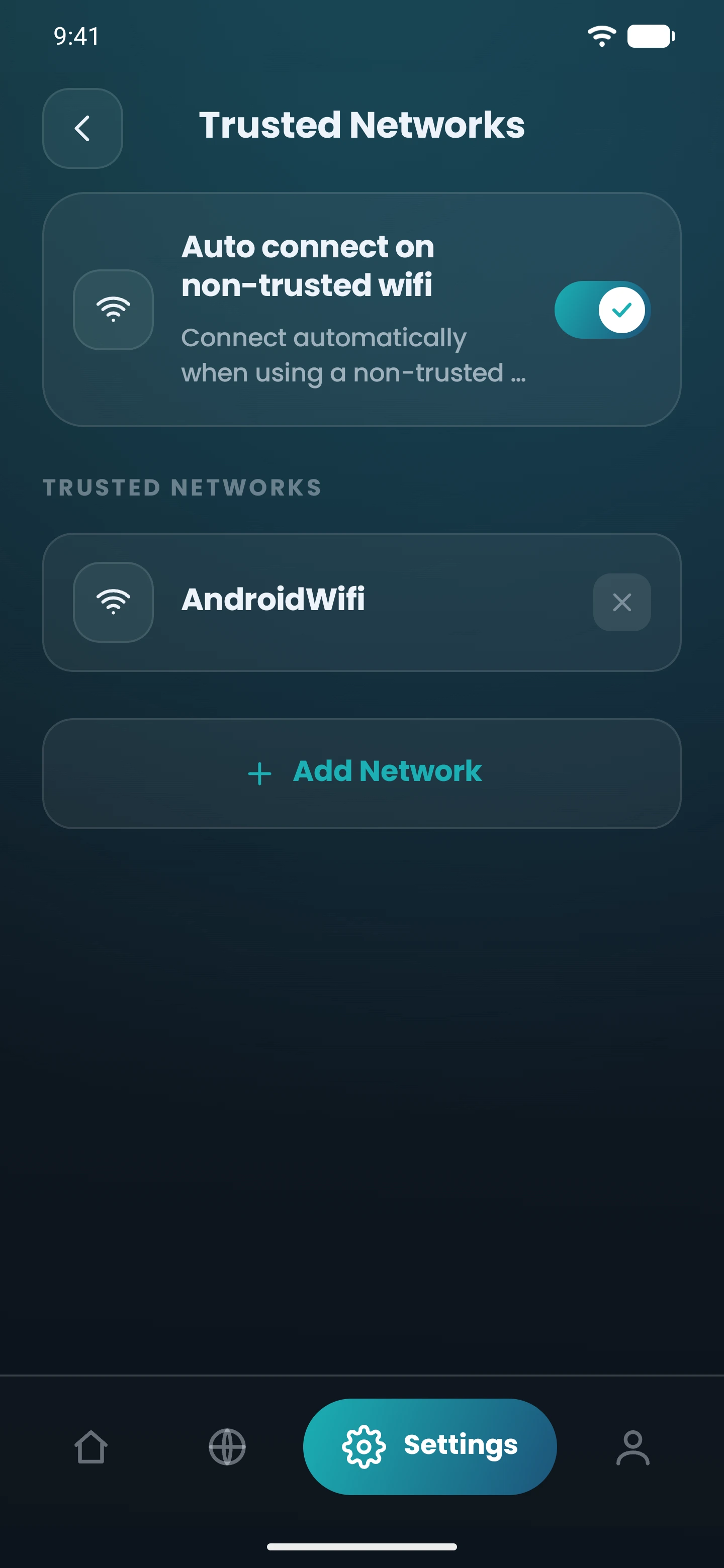 The Trusted Networks screen in the CopVPN Android app, with auto-connect on non-trusted Wi-Fi switched on
