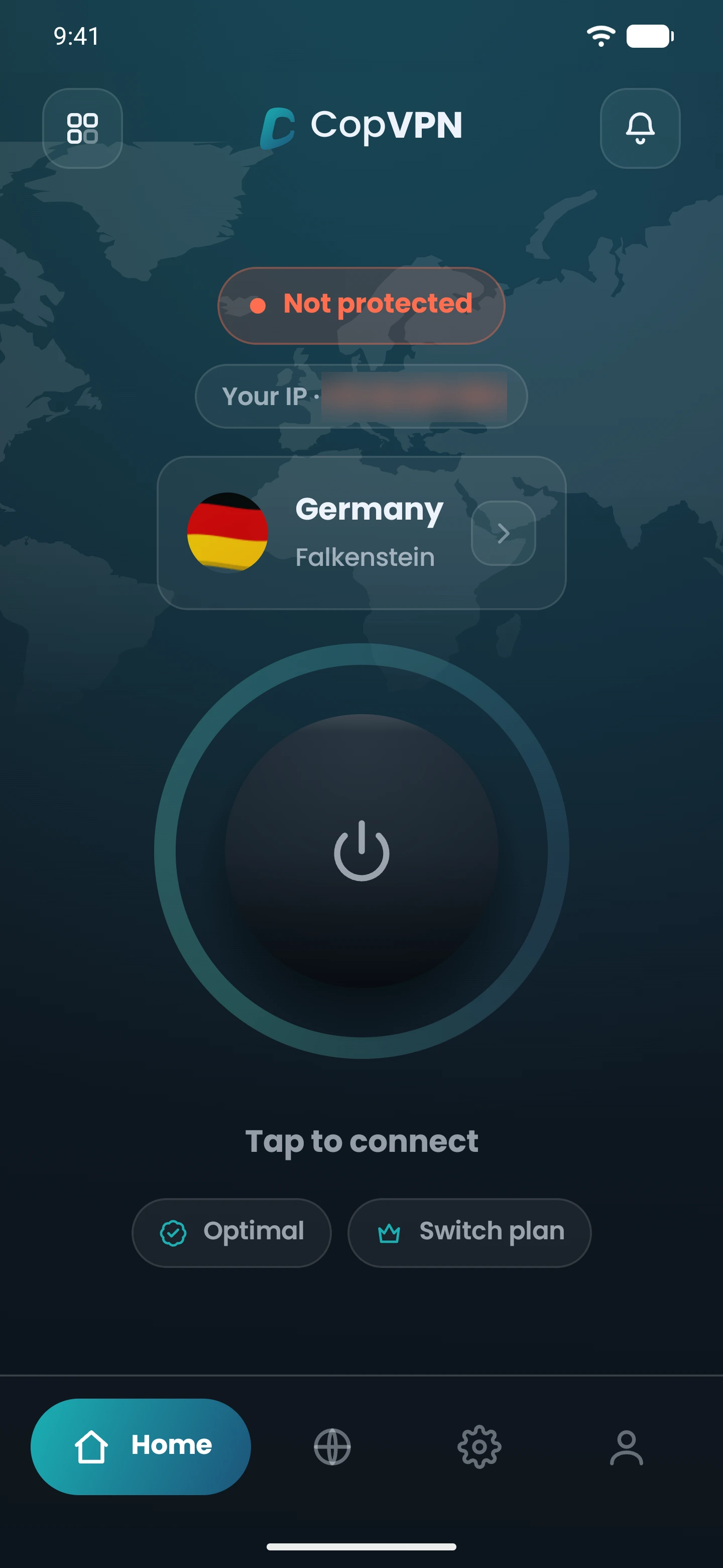 The Home screen in the CopVPN Android app, not connected yet, with Germany, Falkenstein selected