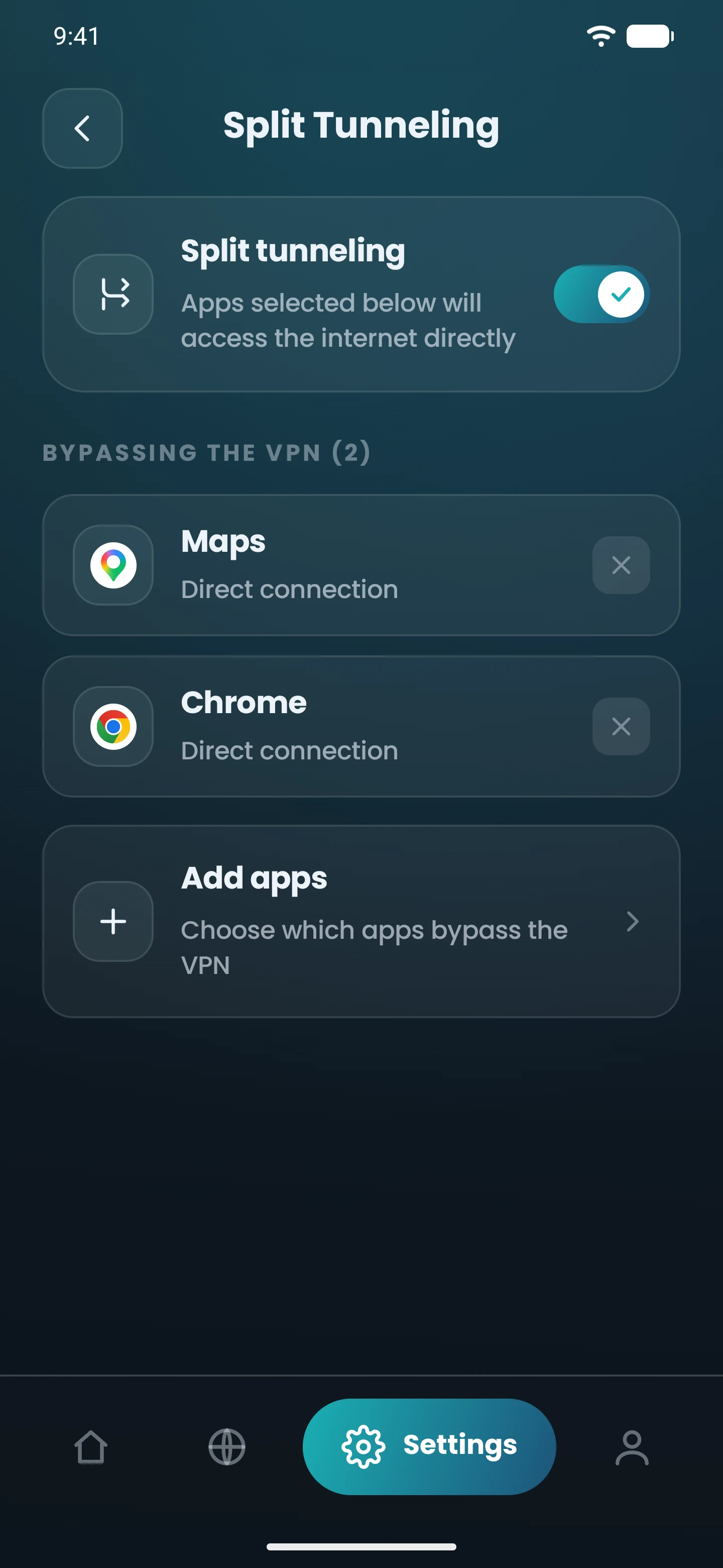 The Split Tunneling screen in the CopVPN Android app, with two apps set to skip the VPN
