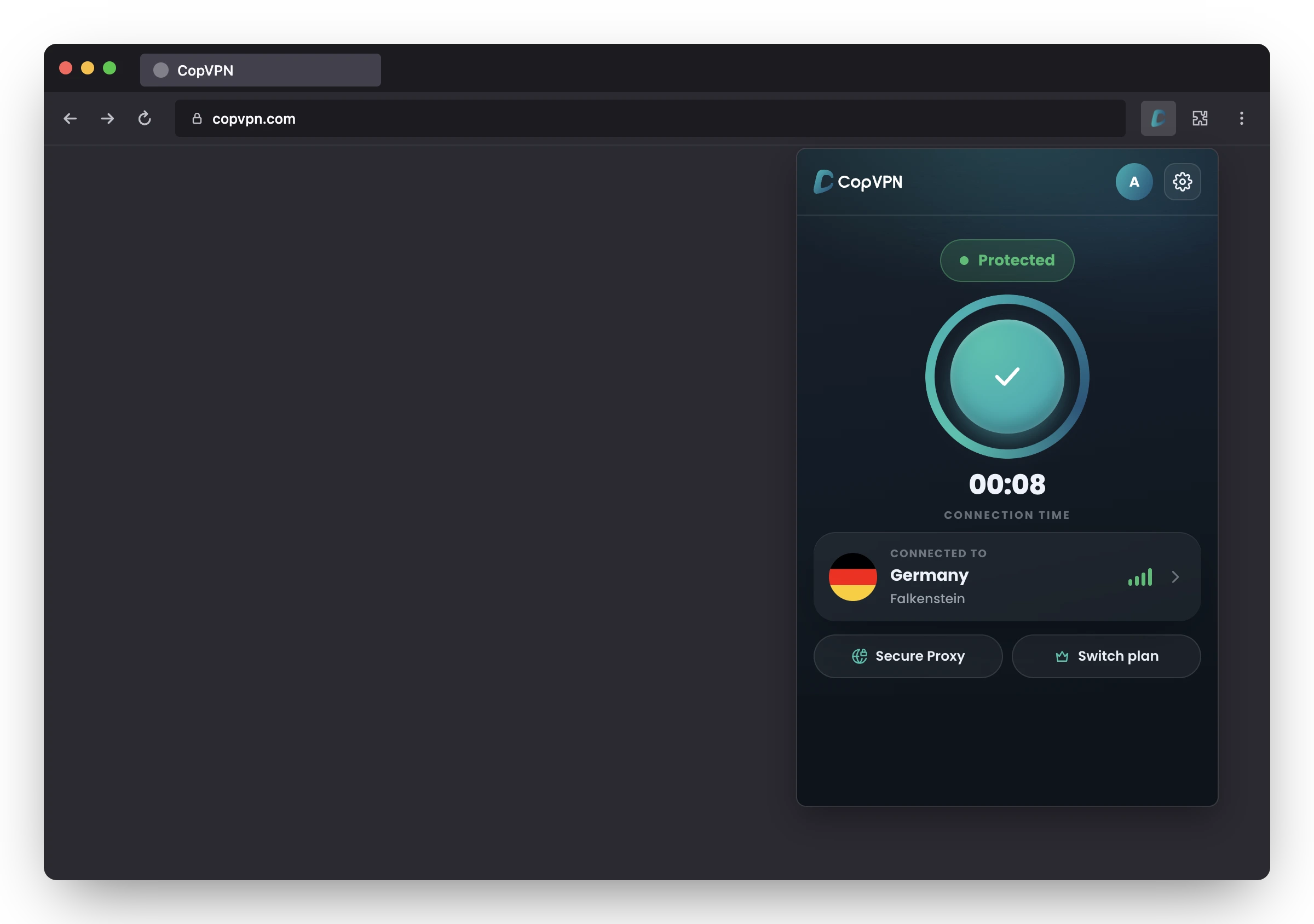 The CopVPN add-on in Firefox, connected, with Secure Proxy ringed