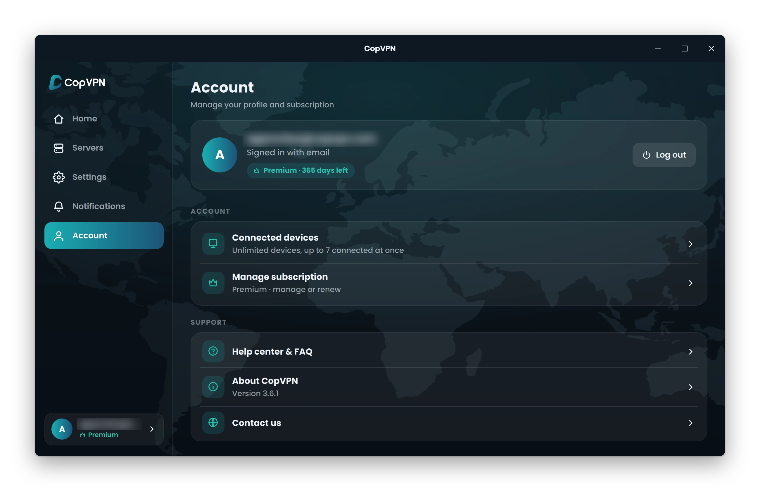 The Account page of the CopVPN app for Windows, with the Connected devices row ringed