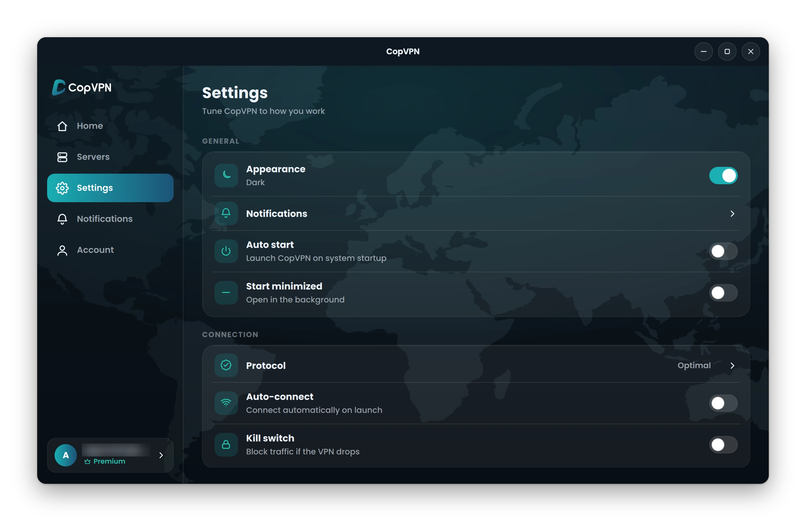 CopVPN for Linux Settings, General and Connection: Auto start and Auto-connect ringed