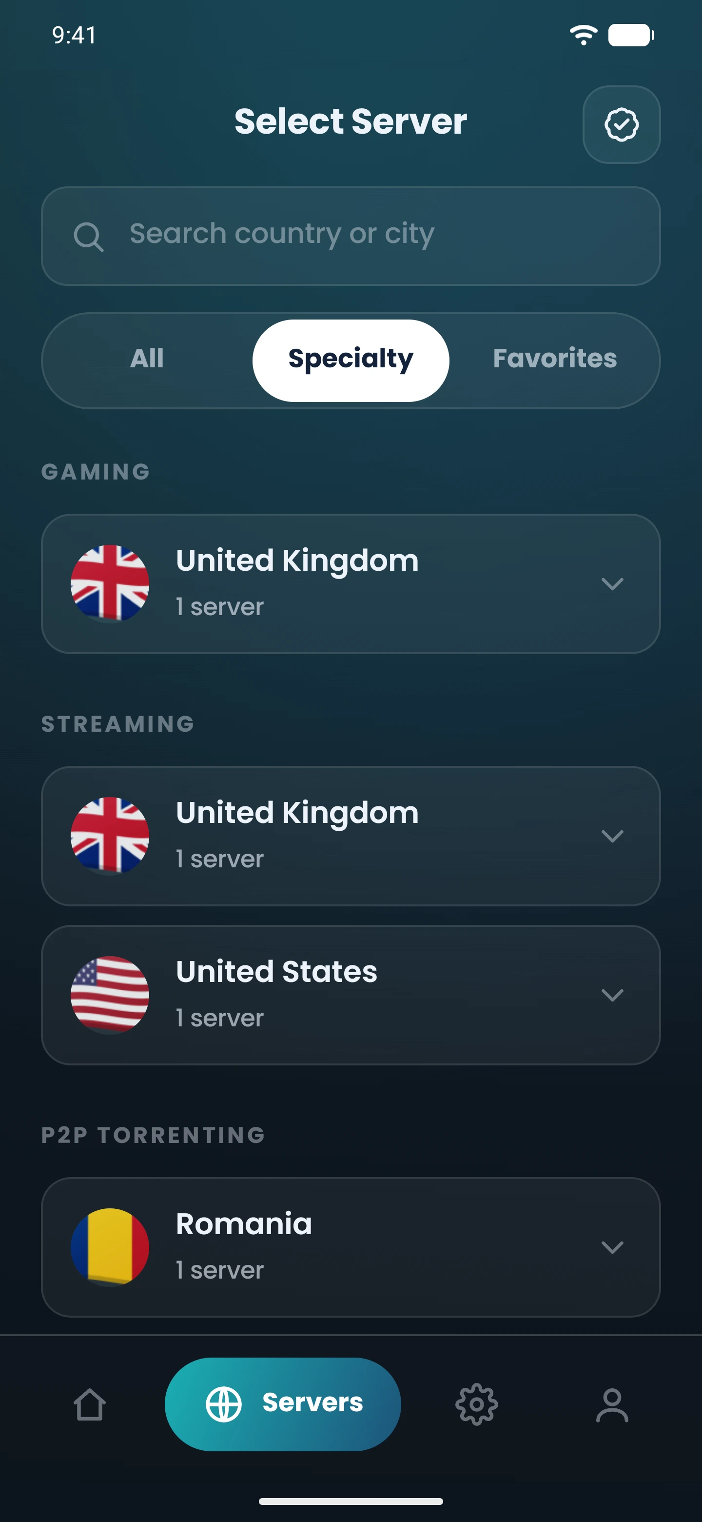 The Specialty tab in the CopVPN Android app, with the Gaming group ringed