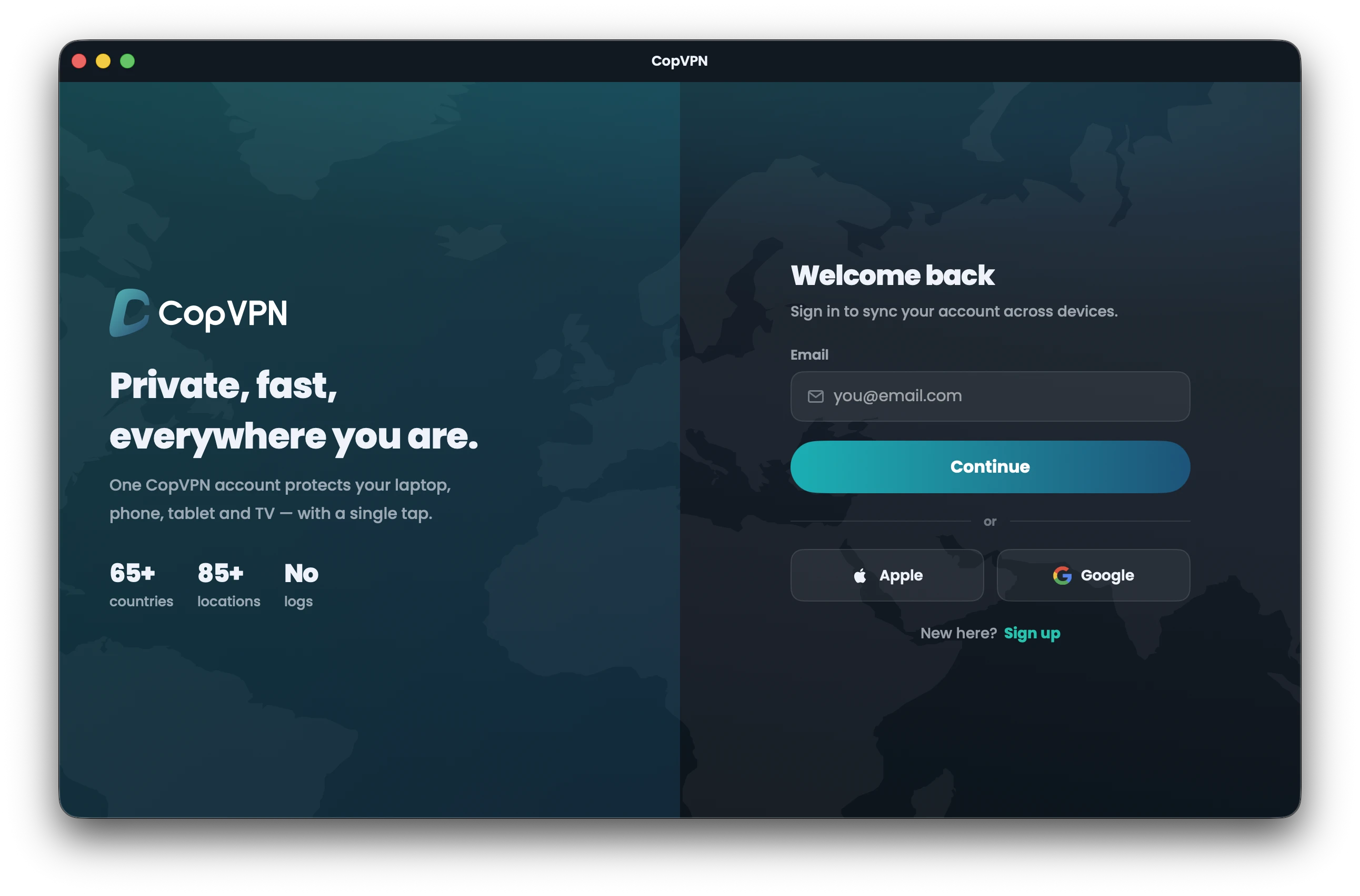 The CopVPN Mac app sign-in screen