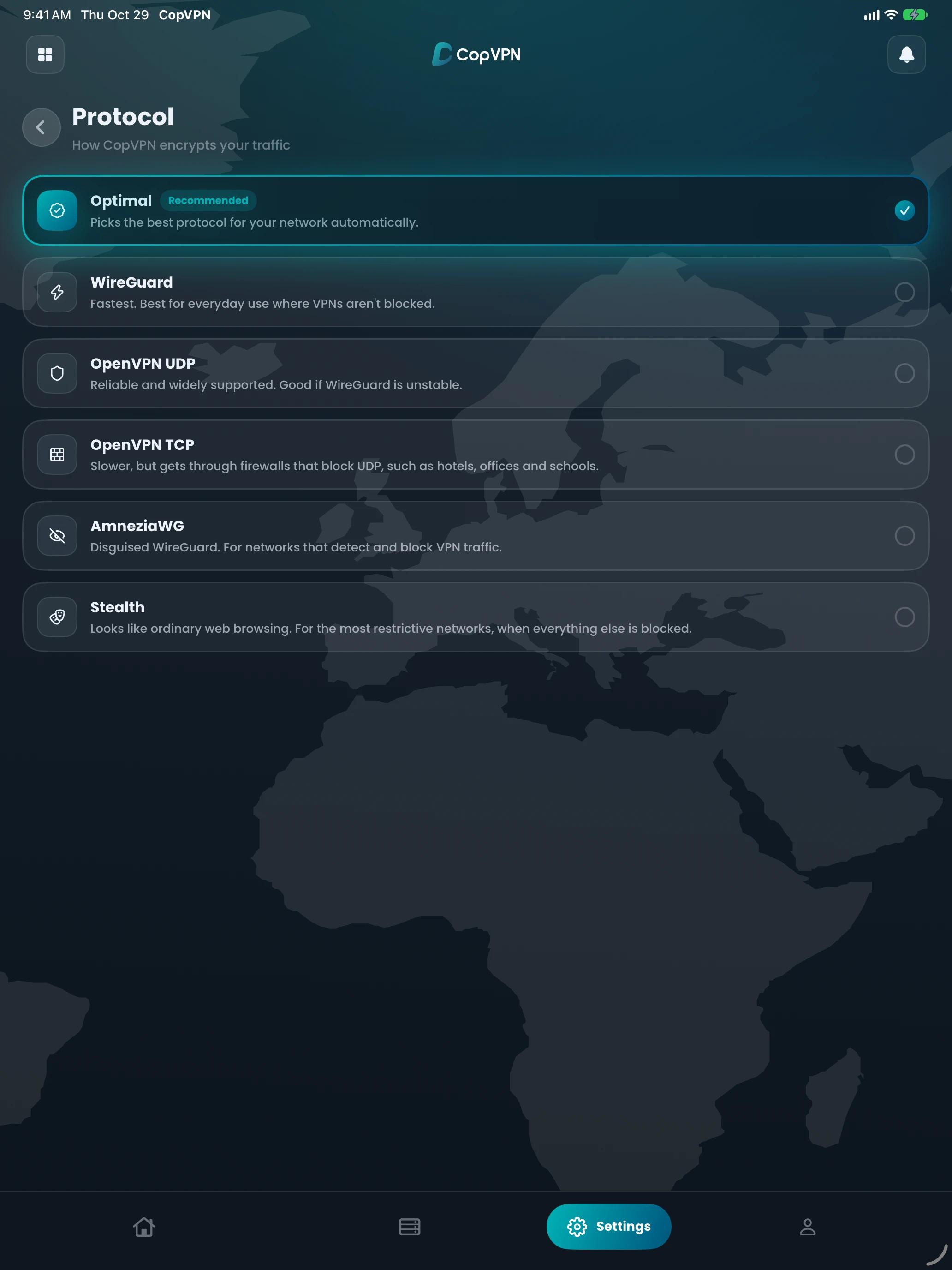 The CopVPN iPad protocol list, with OpenVPN TCP: Slower, but gets through firewalls that block UDP