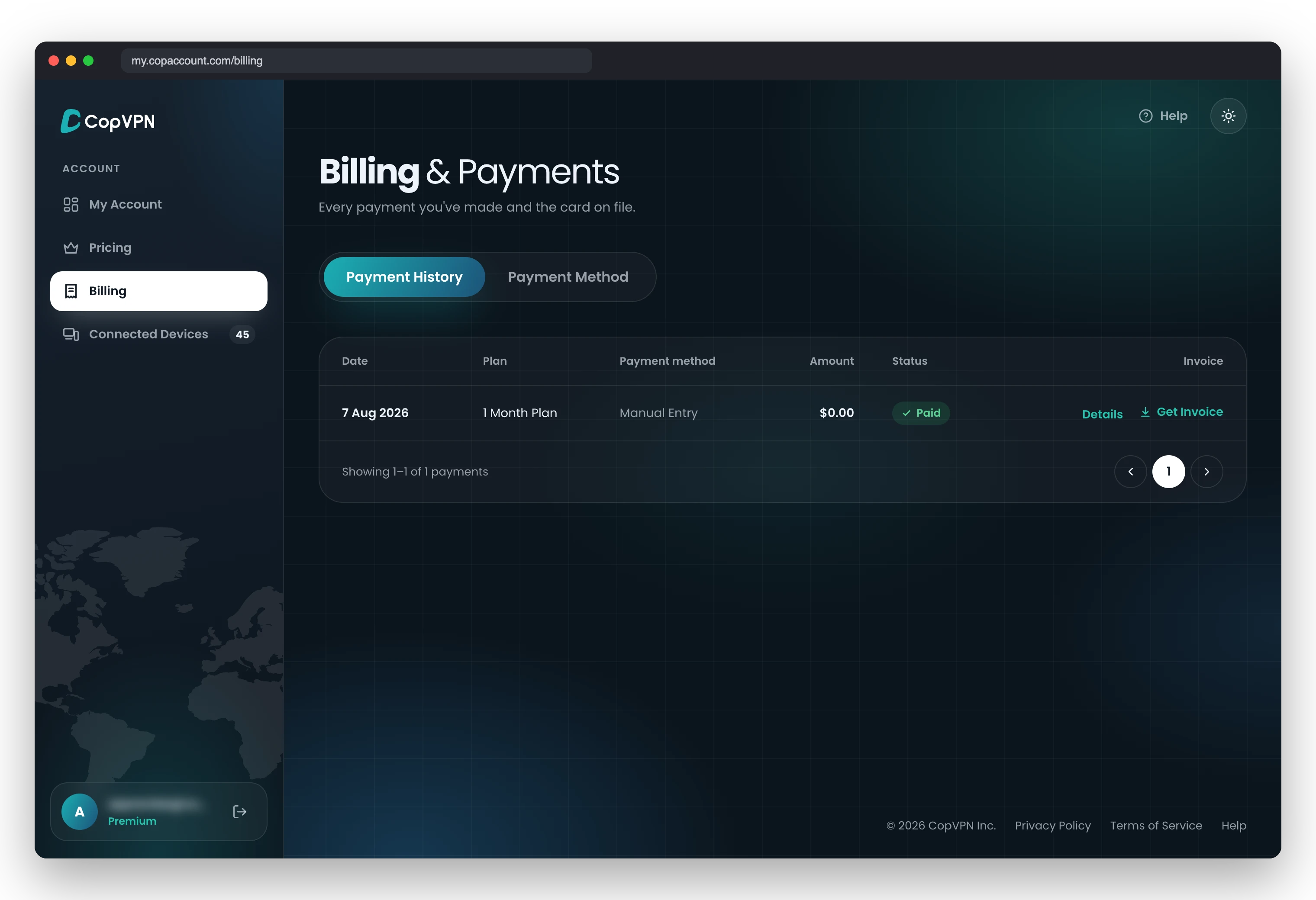 The Billing page in my.copaccount.com with the Payment History tab open, listing one payment with a Details link
