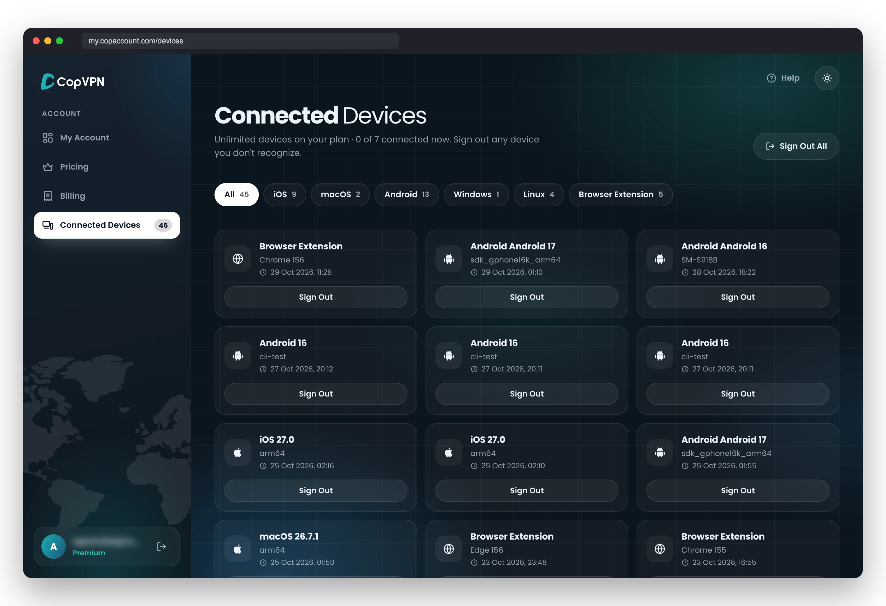 The Connected Devices page in the CopVPN user dashboard: Unlimited devices on your plan, 0 of 7 connected now