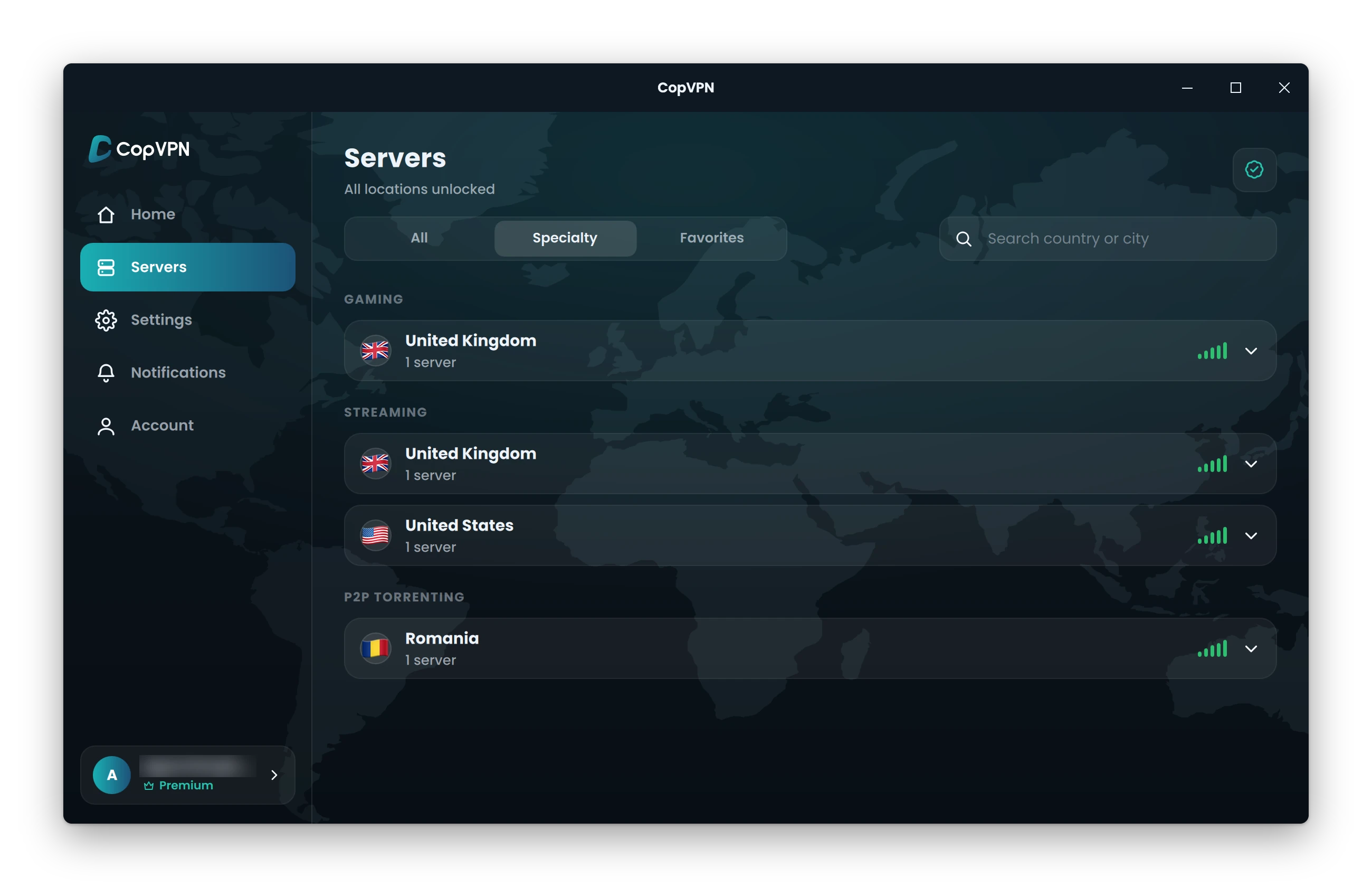 The Servers page of the CopVPN app for Windows on its Specialty tab, with the tab ringed