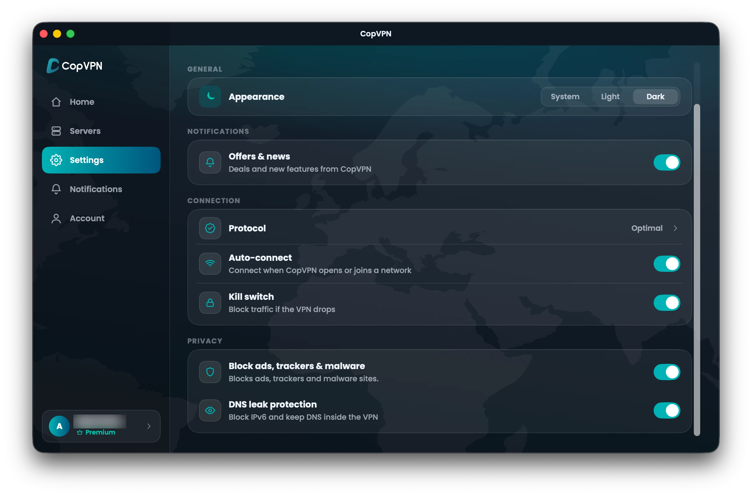 The Settings screen in the CopVPN Mac app with auto-connect, kill switch, block ads, trackers & malware and DNS leak protection switched on