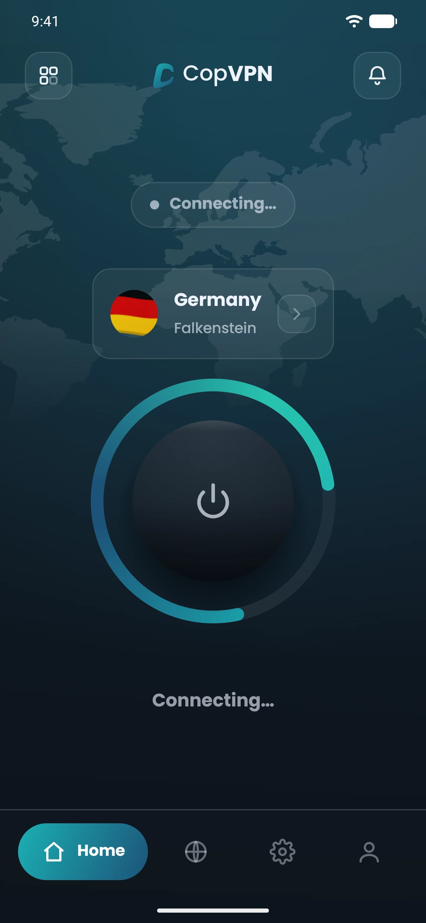 The CopVPN Android app connecting to Germany, Falkenstein