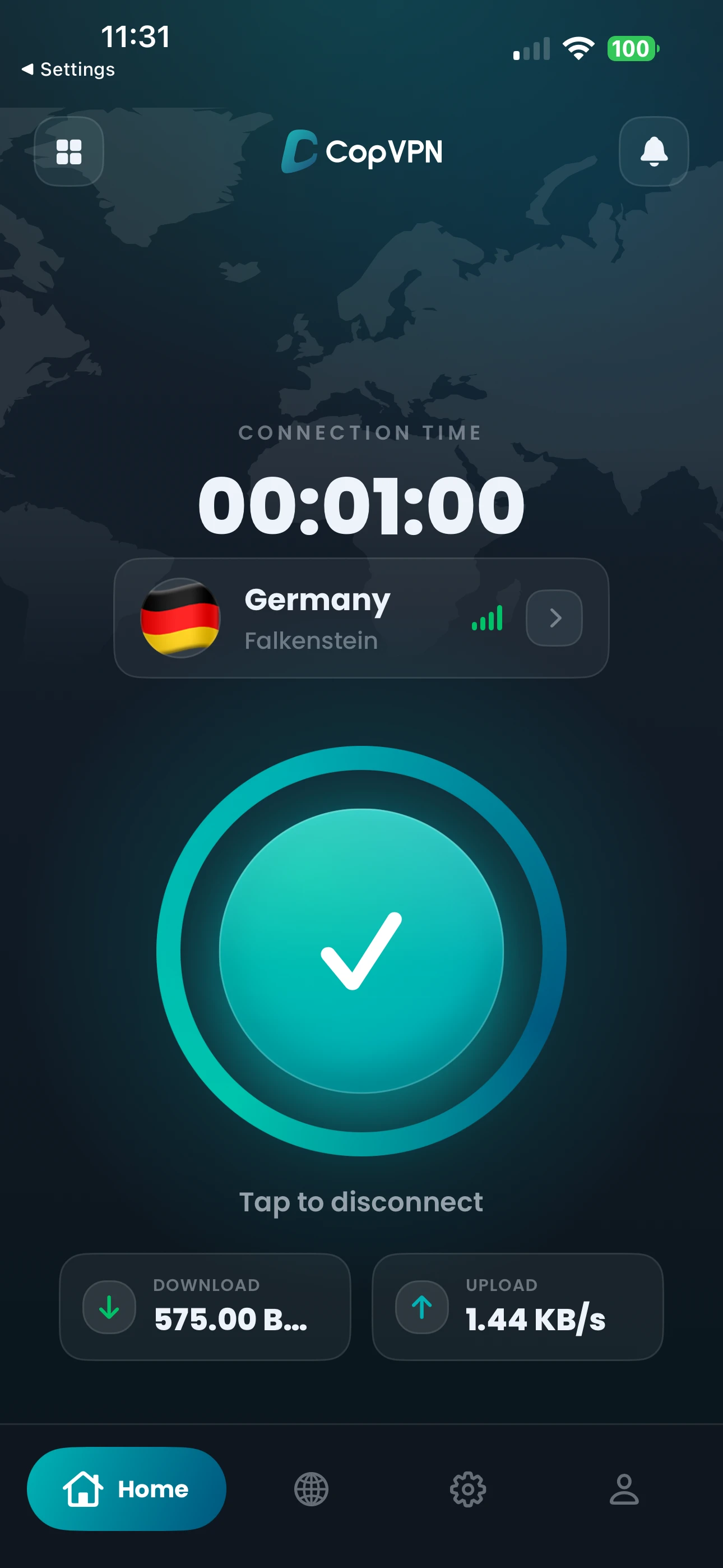 The CopVPN iPhone app, connected to Germany, Falkenstein
