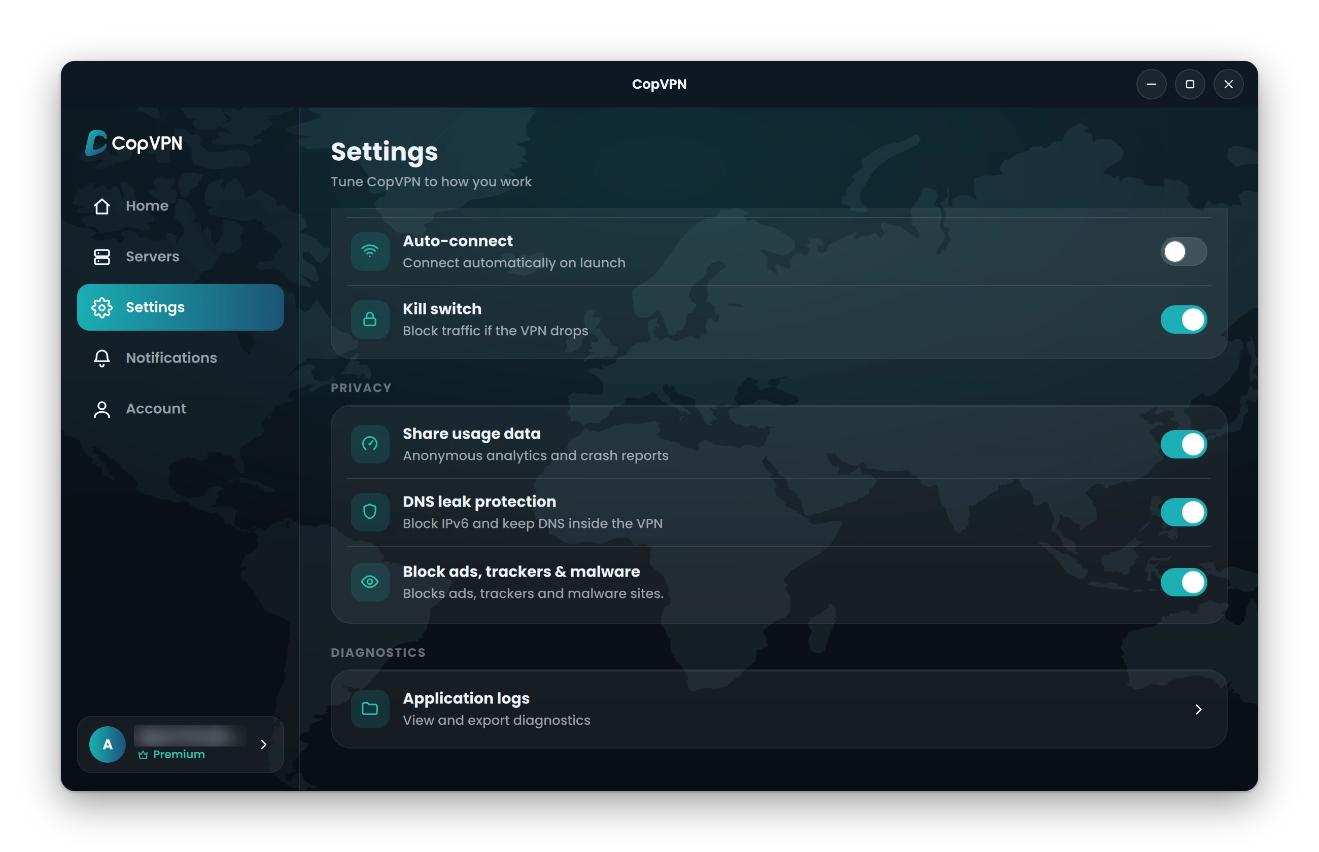 CopVPN for Linux Settings, Privacy: Kill switch, DNS leak protection and Block ads, trackers & malware, each ringed