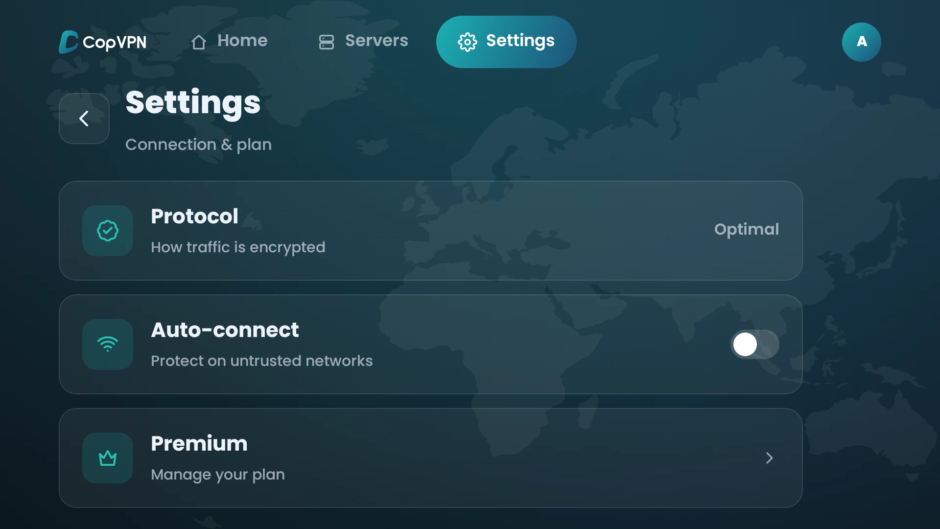 The Settings screen in the CopVPN Android TV app, with Protocol, Auto-connect and Premium rows