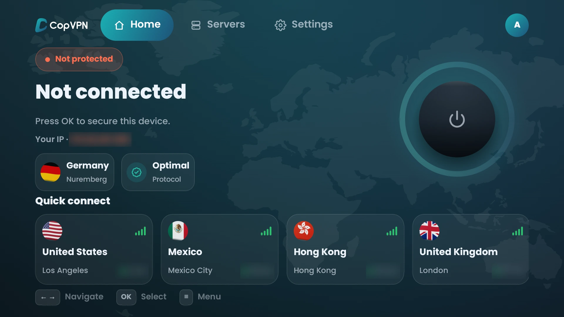 CopVPN Home on Android TV, not connected, with the location, the protocol and Quick connect locations