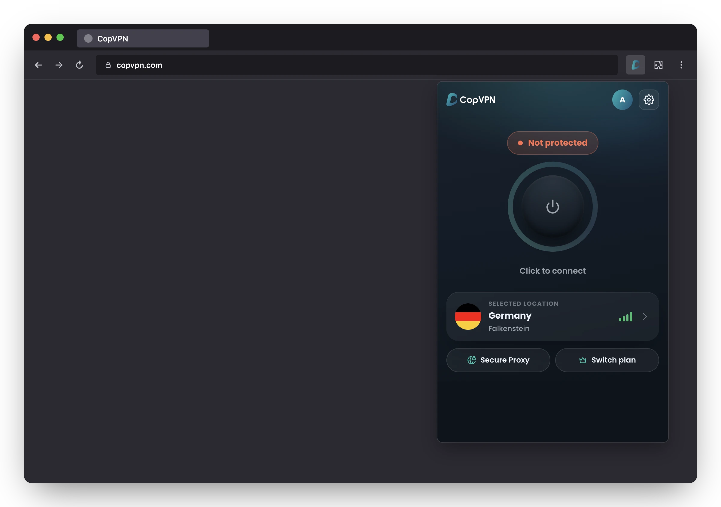 The CopVPN add-on open in Firefox: Not protected, Click to connect, location Germany, Falkenstein