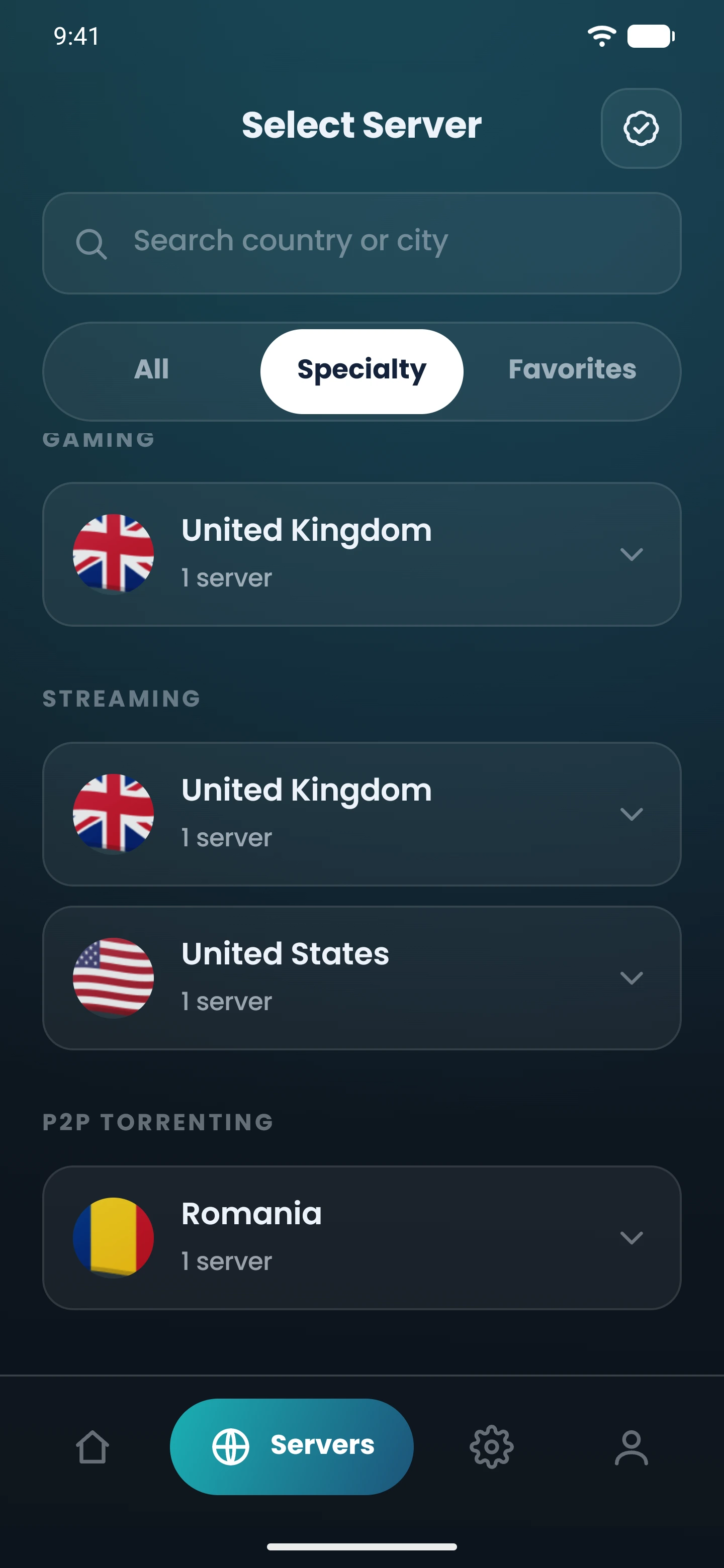 The Select Server screen in the CopVPN Android app on the Specialty tab, with the Gaming, Streaming and P2P Torrenting groups
