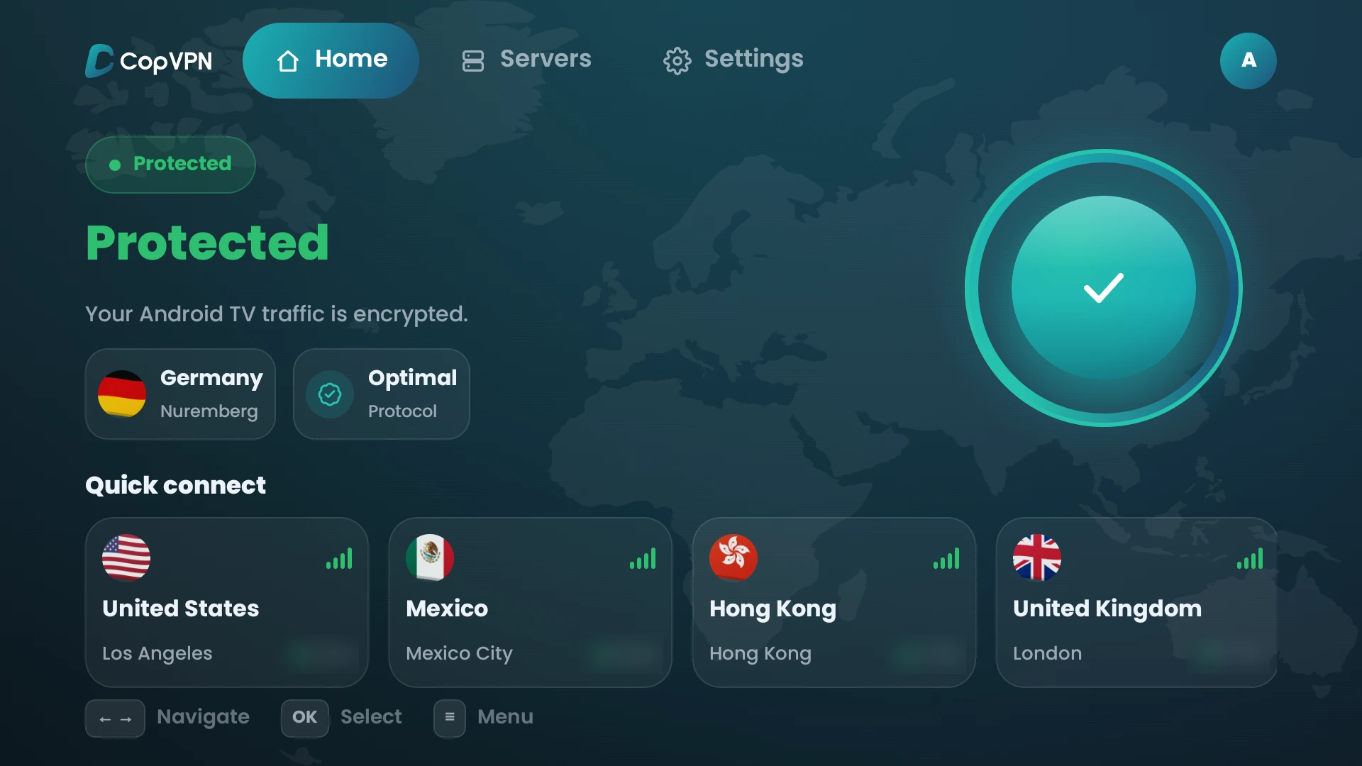 The CopVPN Android TV app connected: Protected, Germany, Optimal, with the remote hints ringed