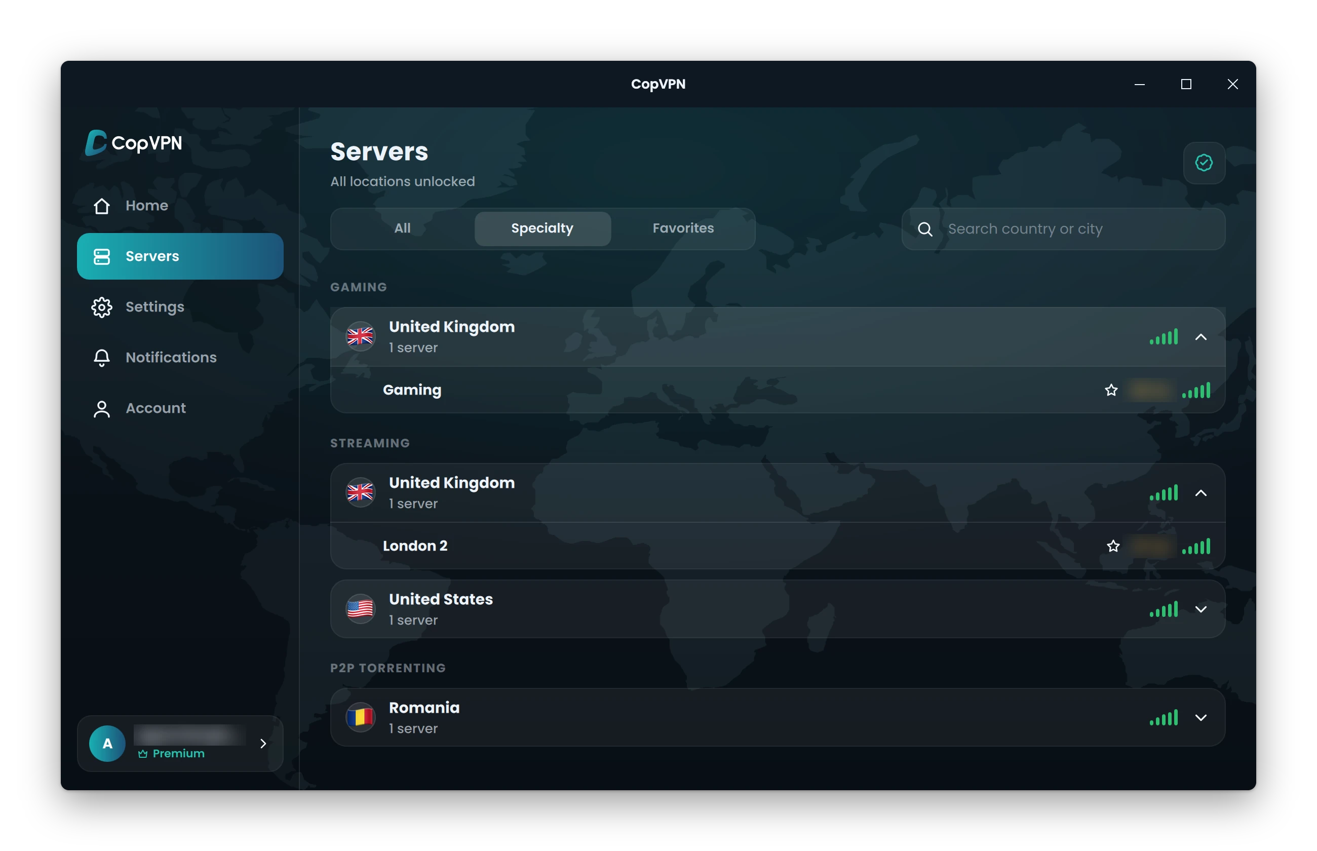 The Specialty tab in the CopVPN Windows app, with the Gaming group ringed