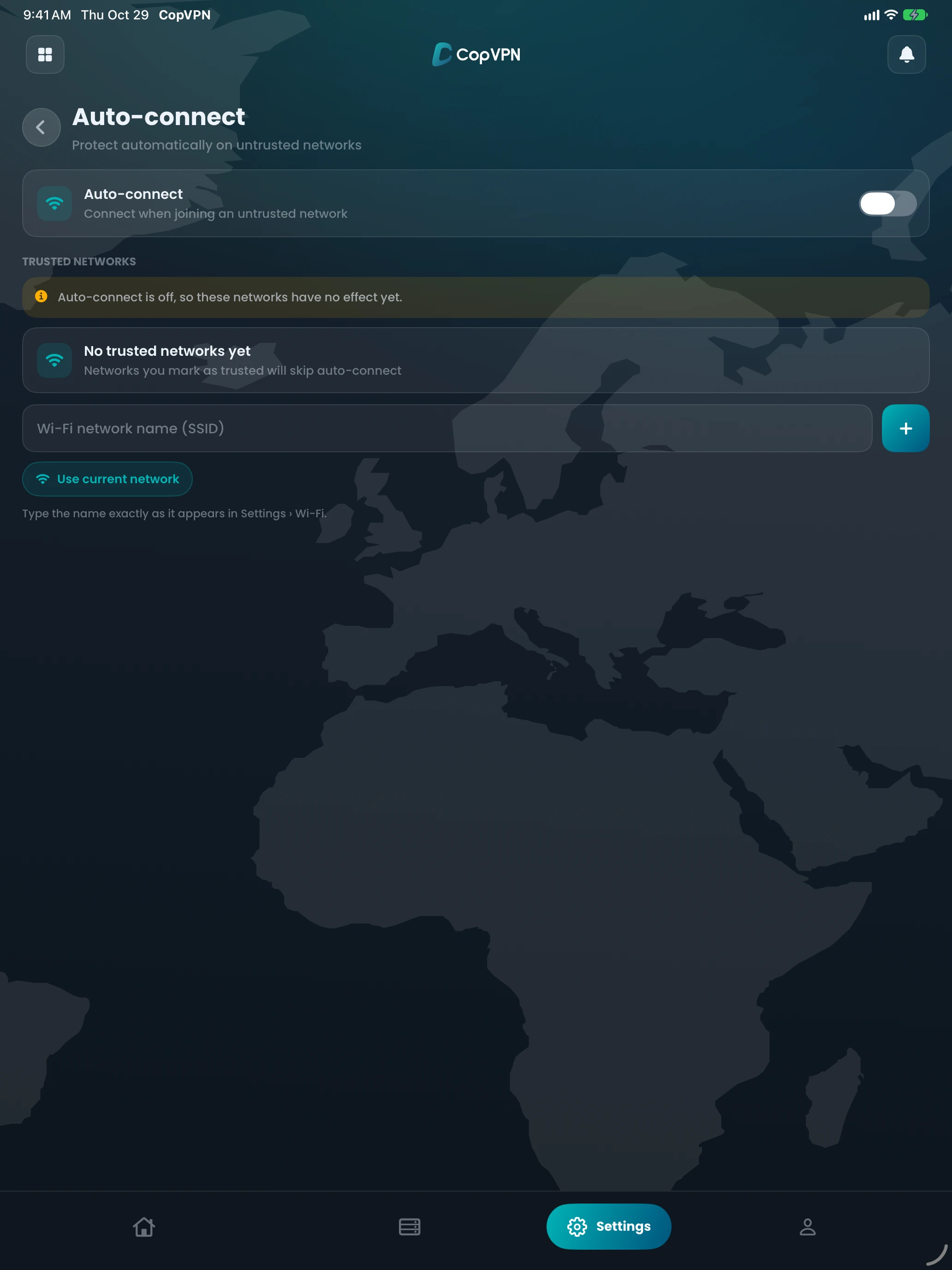 The CopVPN iPad Auto-connect screen: Connect when joining an untrusted network, with trusted networks below